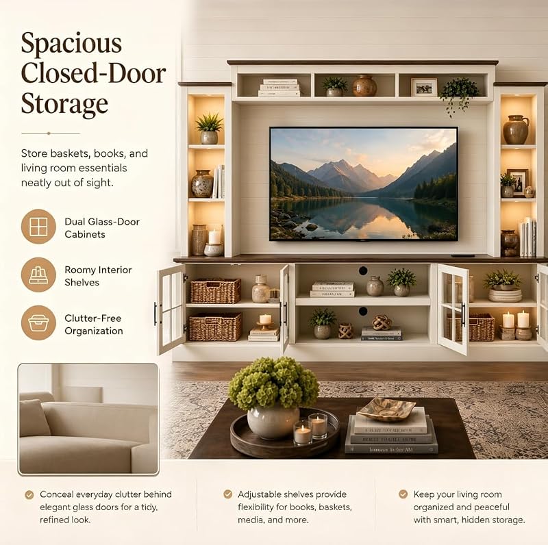 Farmhouse TV Stand 98" Entertainment Wall Unit with Barn Doors, White image 5