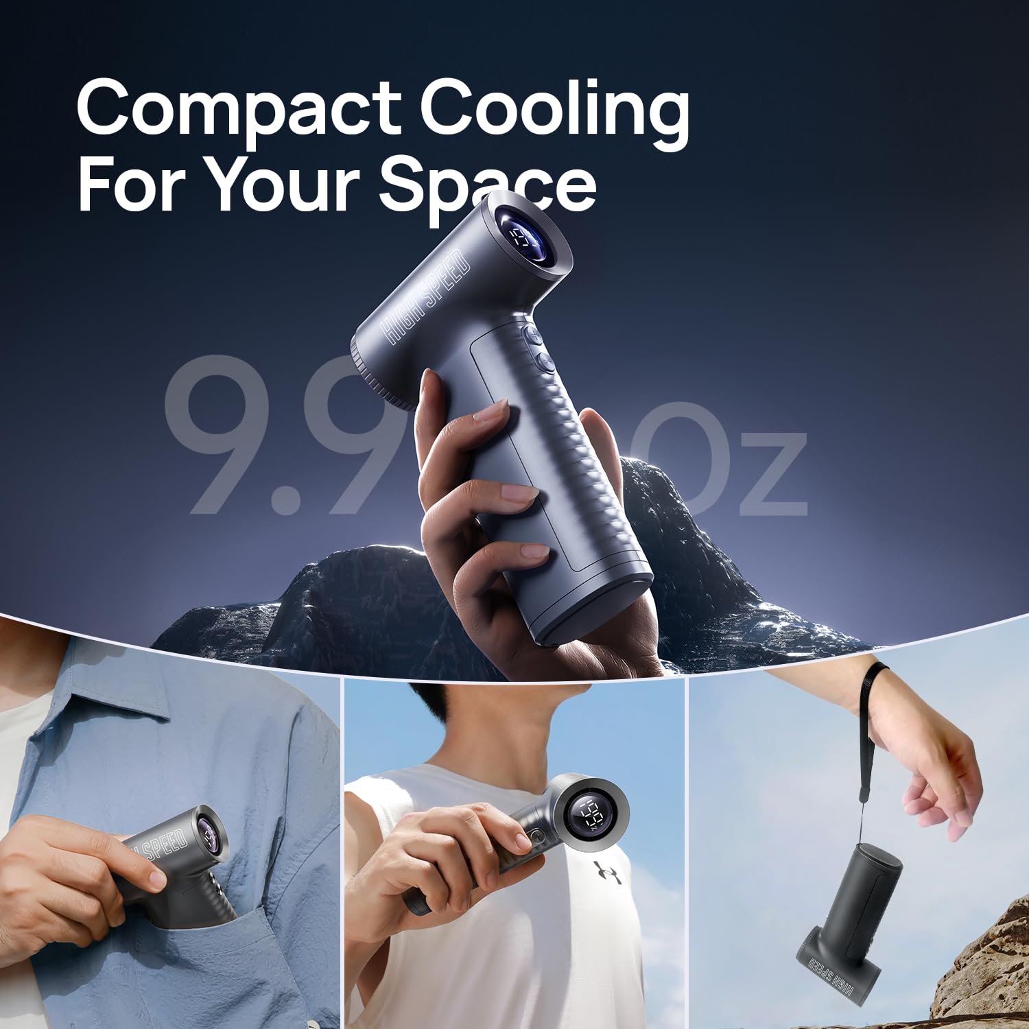 Ventilador turbo portátil de mano, mini ventilador personal de alta potencia ajustable de 199 velocidades con batería recargable de 8000 mAh y pantalla LED para viajes, camping, playa, al aire