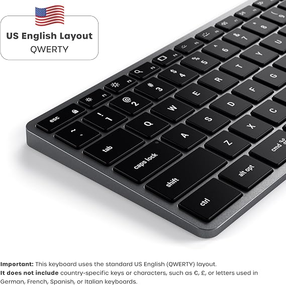 Satechi Slim X3 Bluetooth Wireless Keyboard, 𝗨𝗦 𝗤𝗪𝗘𝗥𝗧𝗬 𝗟𝗮𝘆𝗼𝘂𝘁, Backlit Numeric Keypad, Multi-Device for MacBook Air & Pro M5 M4 M3, Mac Mini, iPad Air & Pro, iMac and more – Space Grey