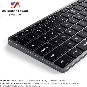 Satechi Slim X3 Bluetooth Wireless Keyboard, 𝗨𝗦 𝗤𝗪𝗘𝗥𝗧𝗬 𝗟𝗮𝘆𝗼𝘂𝘁, Backlit Numeric Keypad, Multi-Device for MacBook Air & Pro M5 M4 M3, Mac Mini, iPad Air & Pro, iMac and more – Space Grey