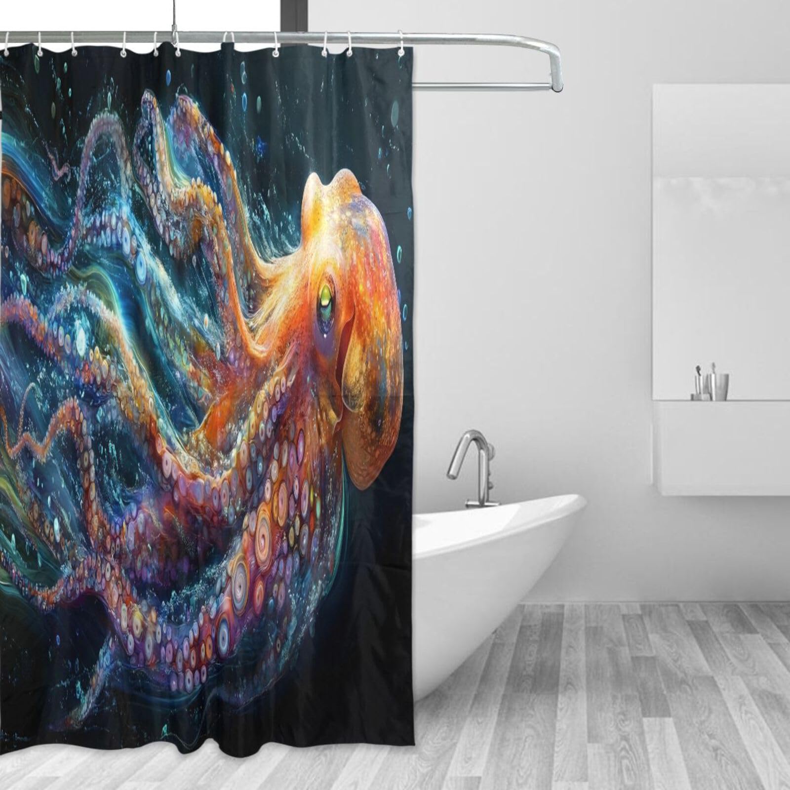 Rideau de douche étanche motif pieuvre avec 12 crochets lavables pour une salle de bain propre