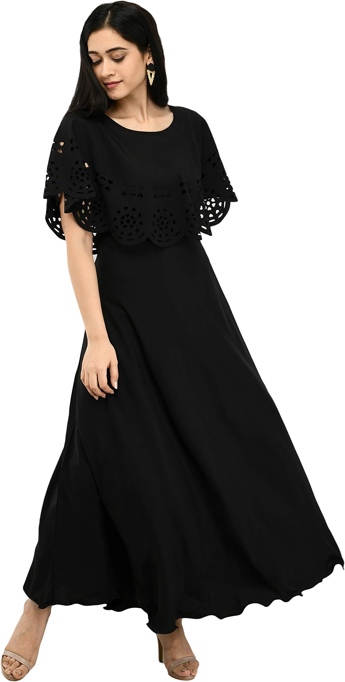 GenericBS Fashion Women Flared Casual Maxi Dress Cape Sleeves with Floral Print (Black)