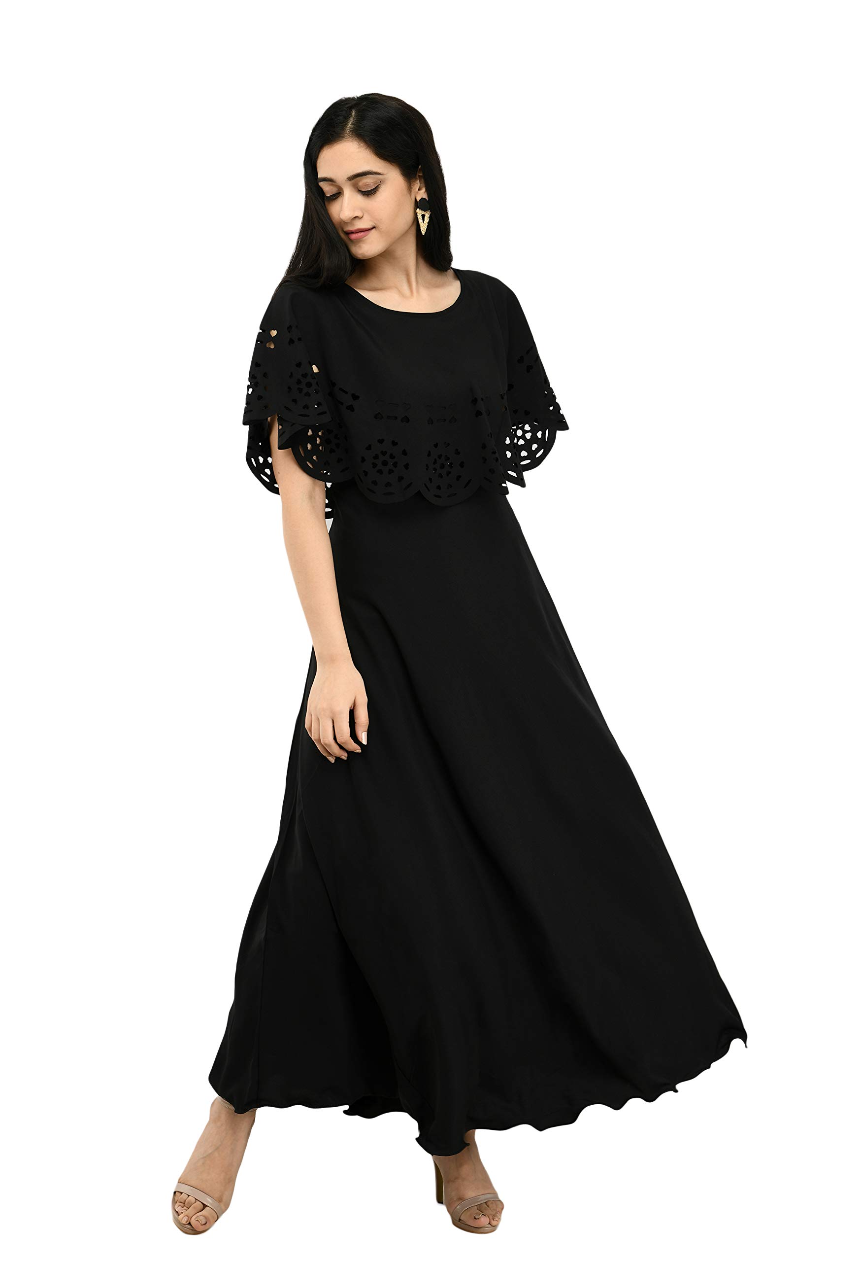 GenericBS Fashion Women Flared Casual Maxi Dress Cape Sleeves with Floral Print (Black)