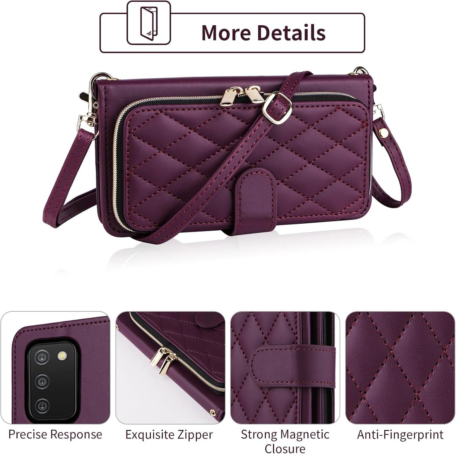 Argyle Wallet Case for Samsung Galaxy A03s US Version 5G 2022 with Wrist Strap Shoulder Strap, 9+ Card Slot Zipper Purse Stand Checkered Phone Cover for Ao3s A 03s SM-A037U SM A037U Deep Purple