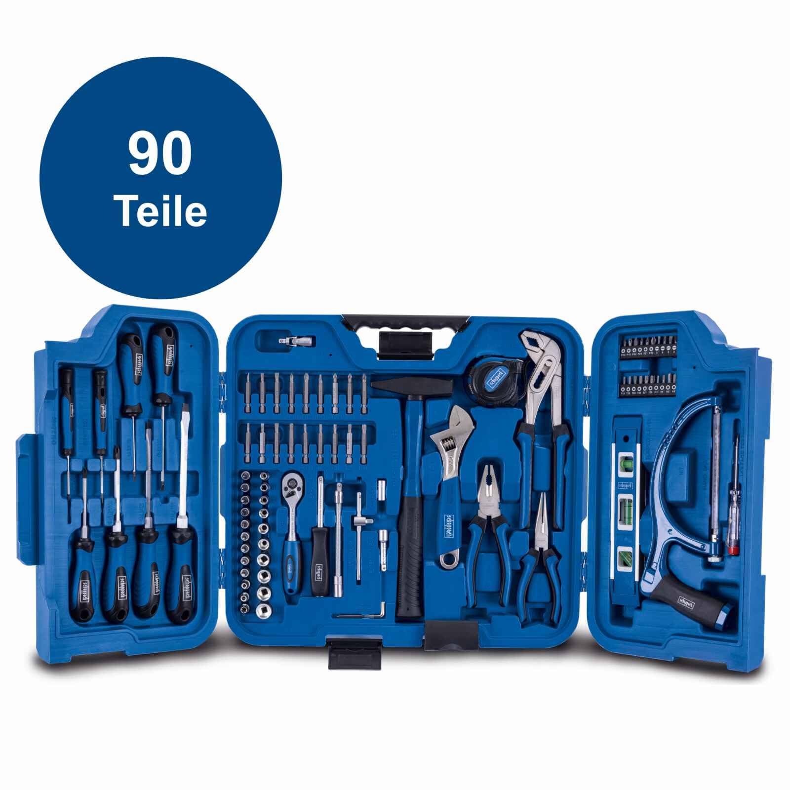 Scheppach TB99 Werkzeugkoffer gefüllt 90-tlg Werkzeug Set | Werkstattkoffer bestückt mit Schraubenschlüssel, Hammer, Zange, Schraubenzieher, Werkzeugkiste klappbar für Werkstatt und Haushalt