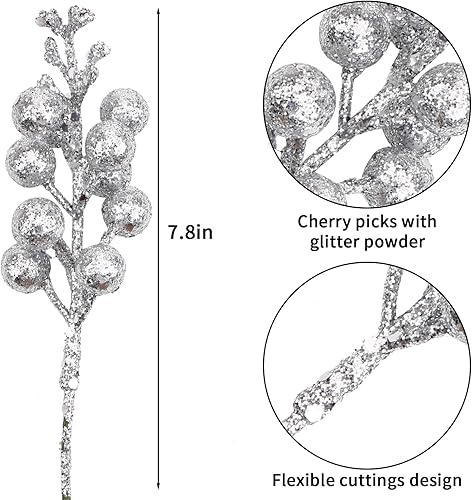 Miniatura 9 de DIYASY Tallos artificiales de bayas rojas, 20 piezas de 7.8 pulgadas con purpurina para adornos del árbol de Navidad, corona de Navidad, decoración