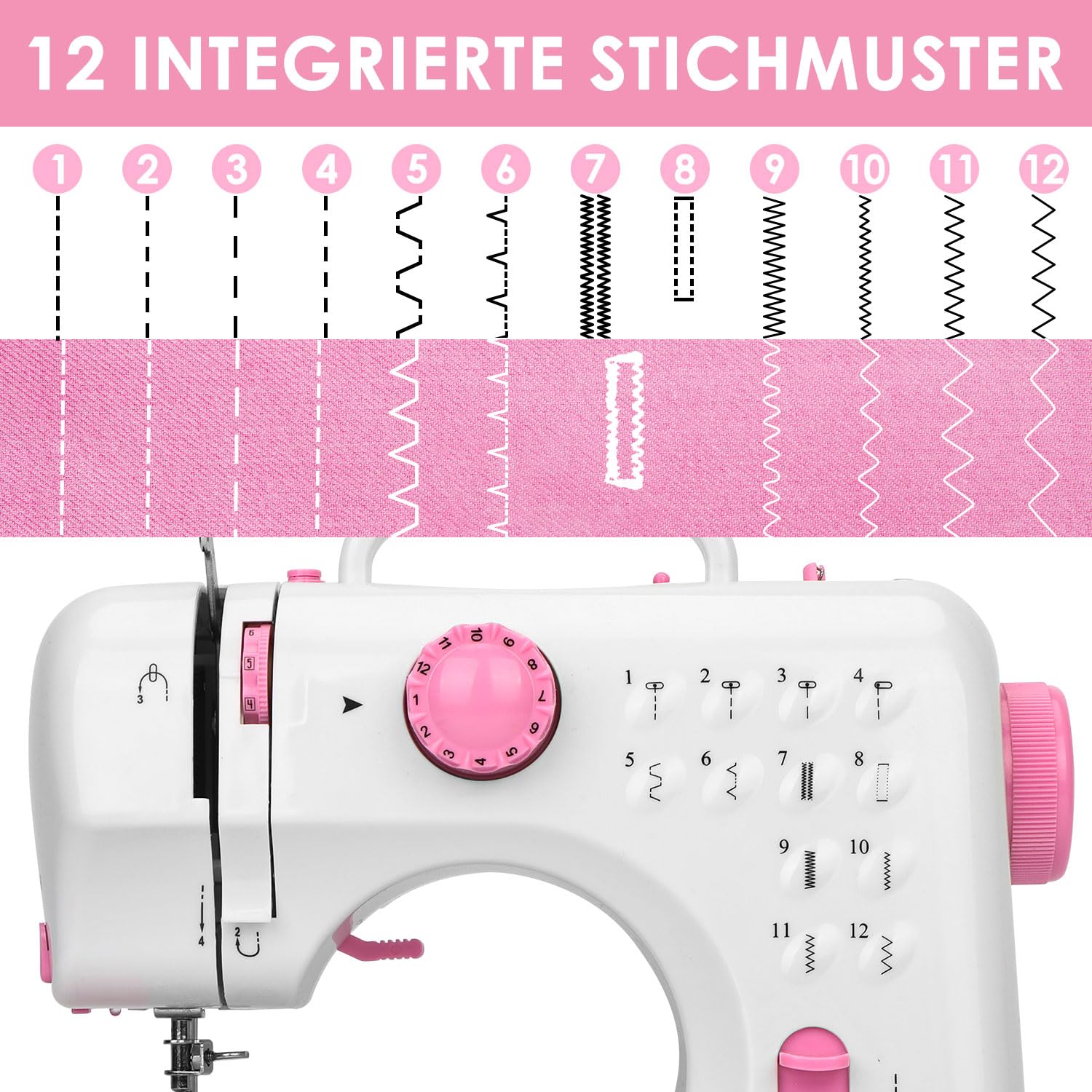 Mini Nähmaschine für Anfänger mit 12 Stichen, LED Licht, Rückwärtsnähen, automatischem Spulen, leiser Motor, kleine Nähmaschine 28x12x24 cm, kompakte kleine Nähmaschine für Zuhause