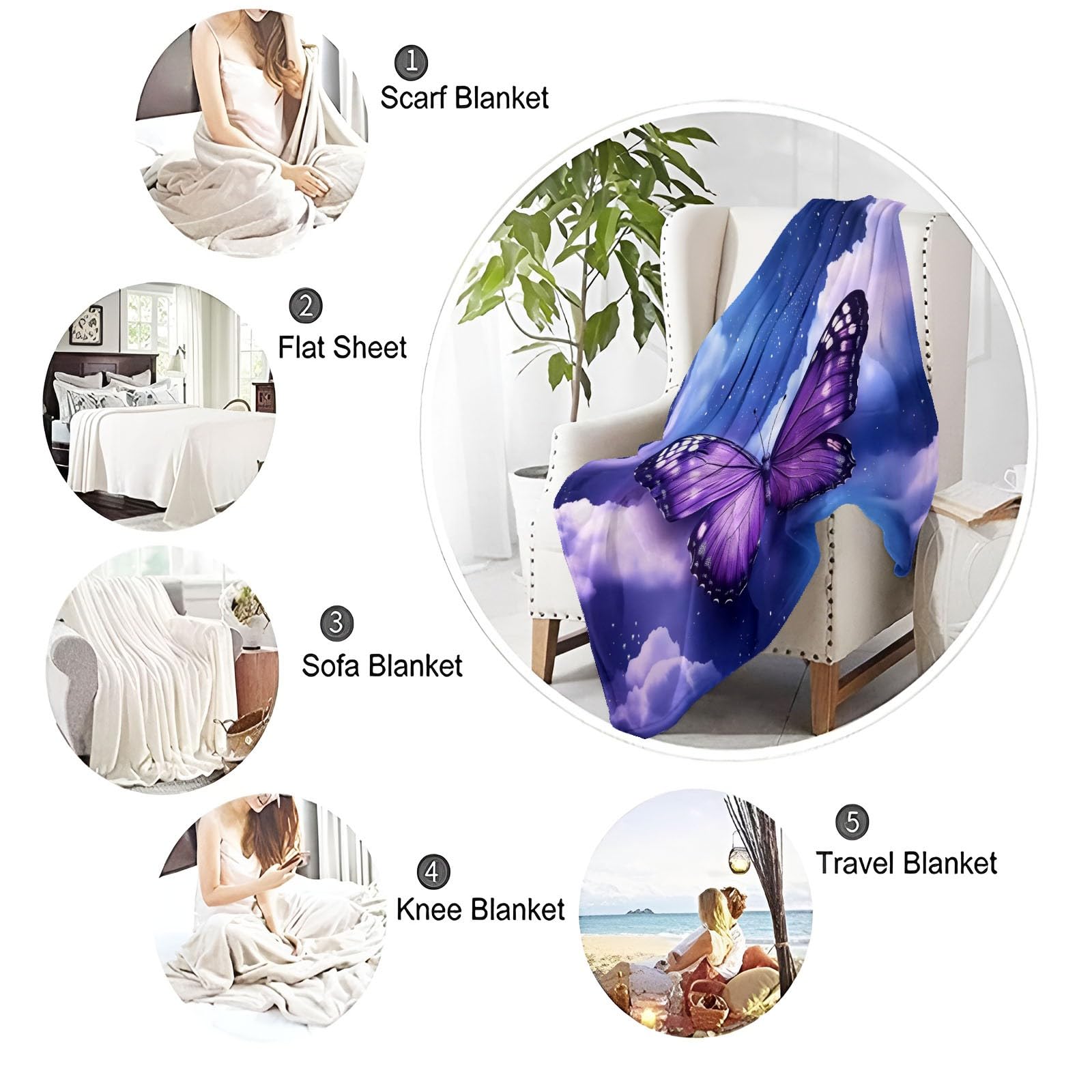 Coperta in pile di flanella 200 x 220 cm, Morbido e caldo, Motivo con Cielo Stellato Fantasy Farfalla, Coperta per camera da letto soggiorno ufficio, Viola
