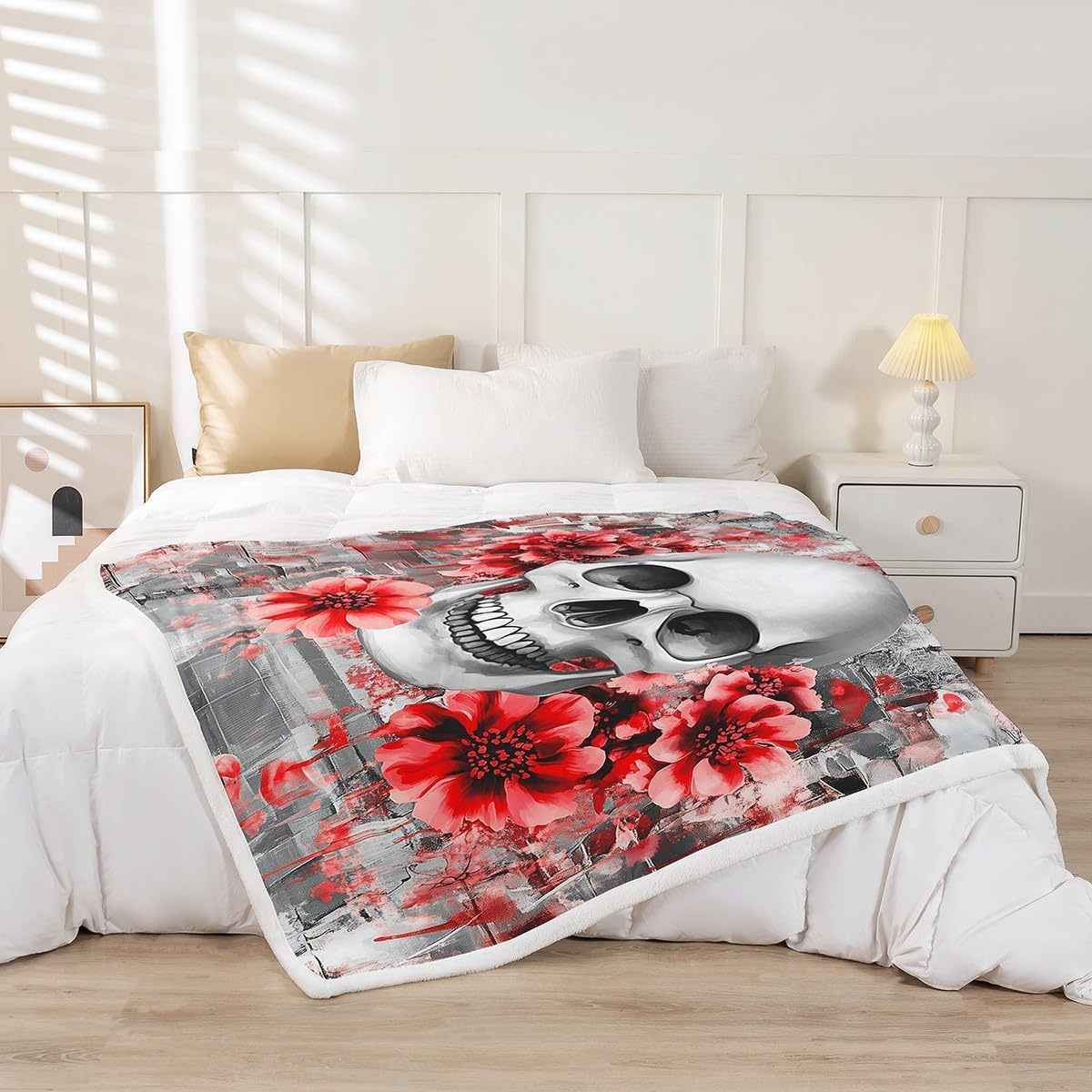 Sugar Skull Sherpa Blanket Gothic Skull Flannel Blanket Rose Floral Skull Retro Plush Blanket For Room Decor Skulls Bone Bed Blanket Bed Blanket Skull Theme Sherpa Blanket, Black Queen 90"x90"