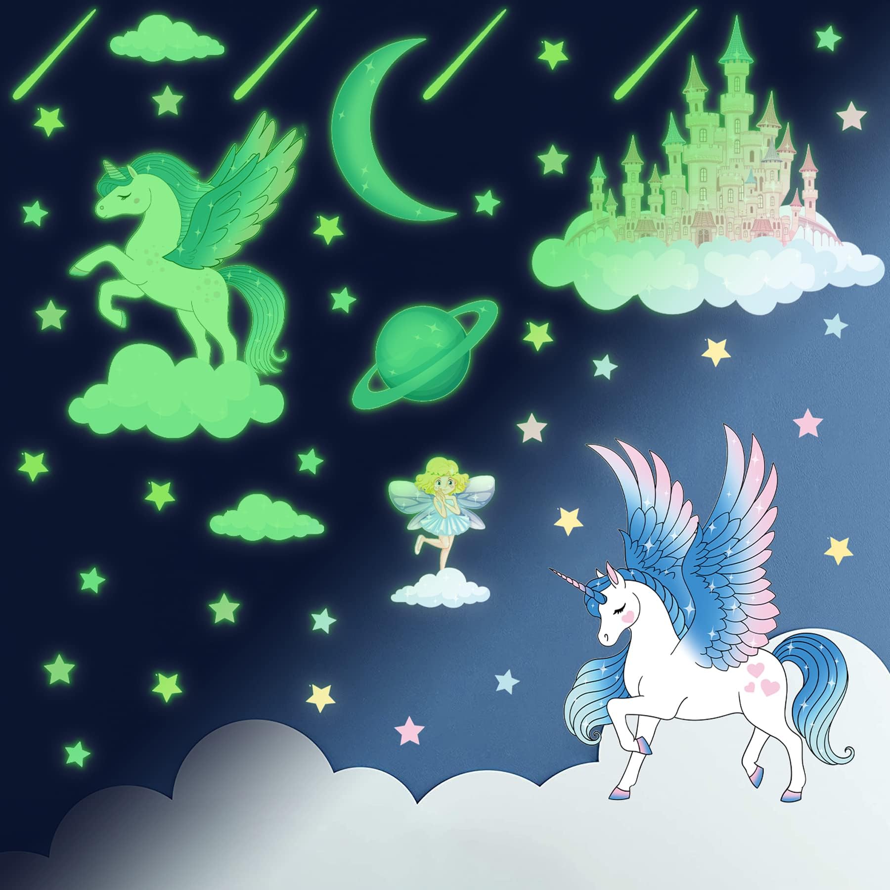 KAIRNEWall Tattoo Children's Room Girls, Unicorn Luminous Wall Sticker, Castle Light Sticker, Wall Sticker for Girls Bedroom, Self-Adhesive Stars, Fluorescent Sticker, Baby Room Decoration Gifts