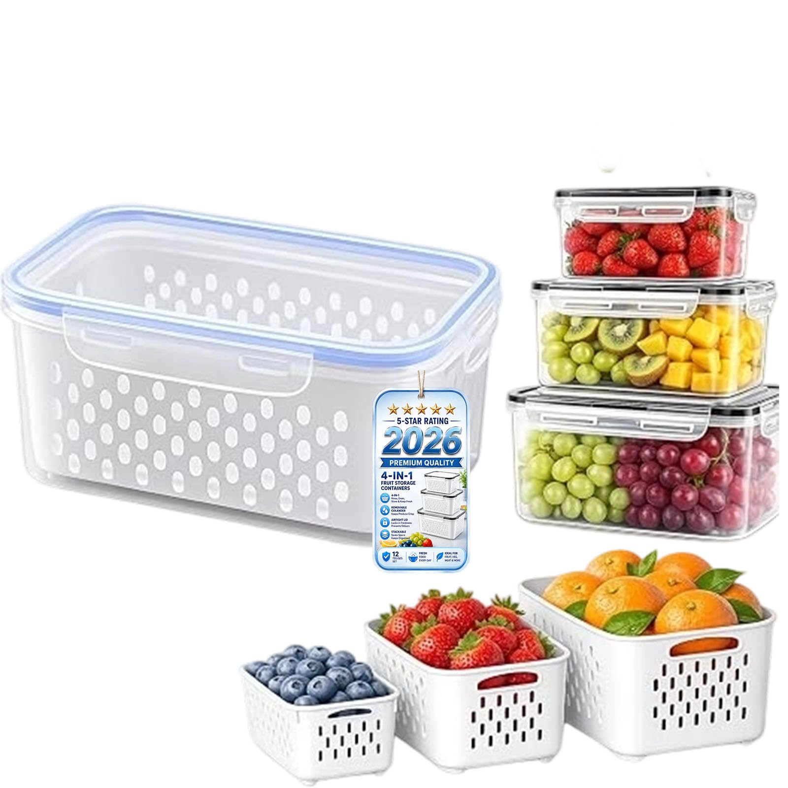 Tomtsucb 4-in-1 Fruit Storage Containers for Fridge, Berry Storage Containers with Removable Colander and Airtight Lid, Produce Keeper Drain Basket for Salad, Vegetables, Meat and Fresh Food (M,BLUE)