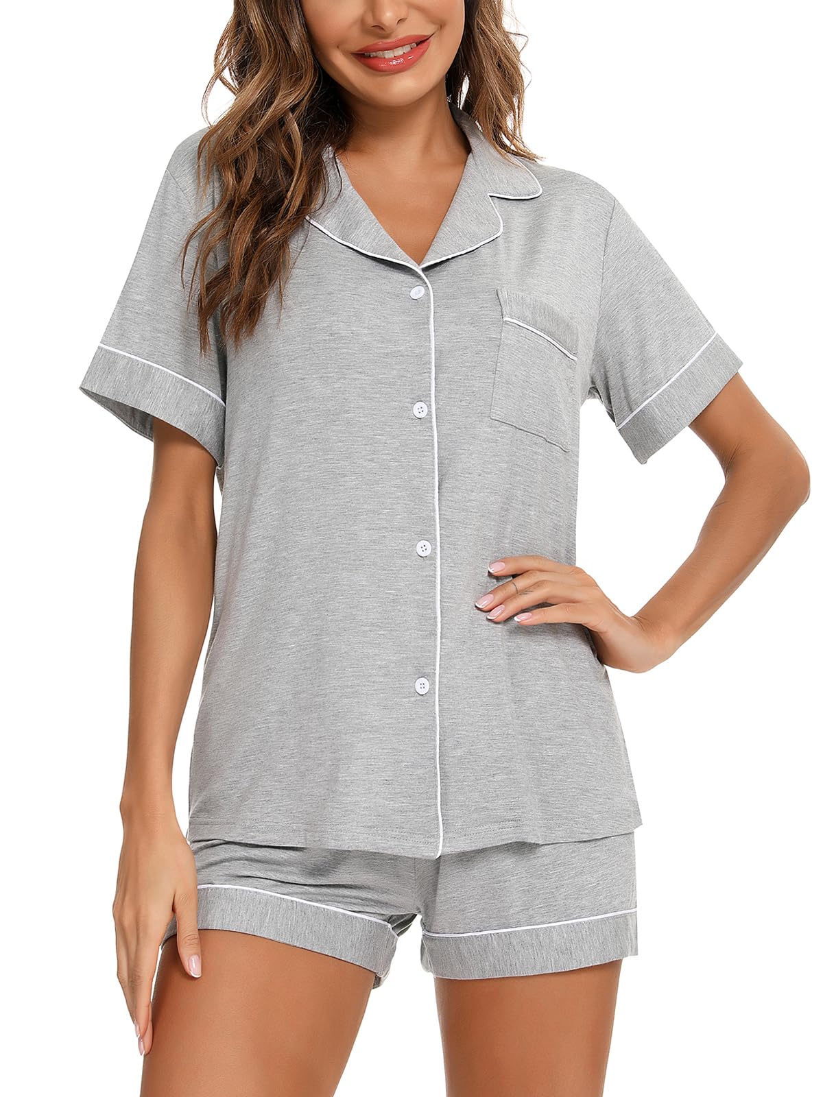 Aamikast Button Up Pajama Set for Women Shorts Short Sleeve Knit Sleepwear 2 Pice Pjs Sets