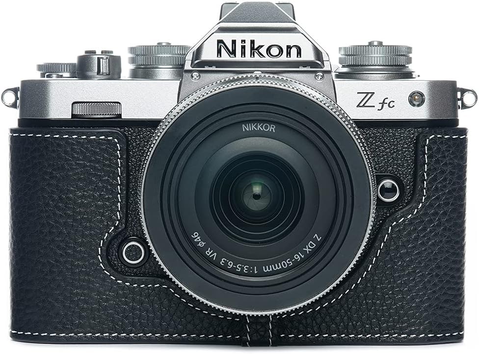 Z fc Zfc Camera Case, BolinUS Handmade Genuine Real Leather Half Camera Case Bag Cover for Nikon Z fc Zfc Camera Bottom Opening Version + Hand Strap (Black)