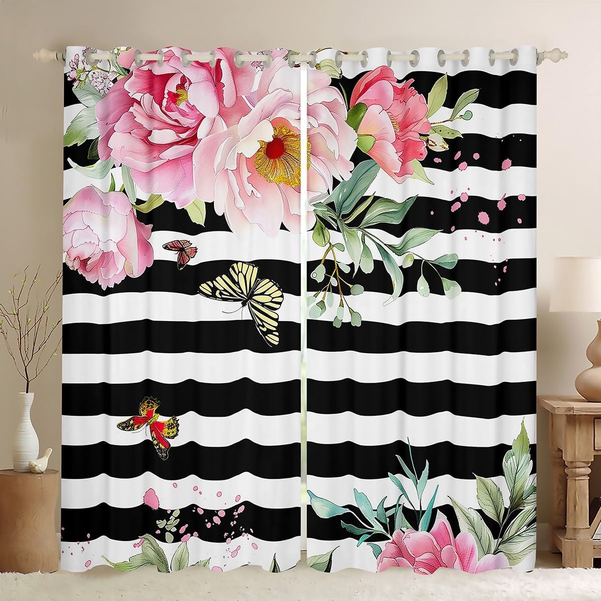 Pink Floral Blackout Curtains,Black and White Stripes Curtains,Teens Girls Pink and Black Window Curtains,Rose with Butterfly and Leaves Curtains & Drapes Stylish Fresh Flowers Window Treatments