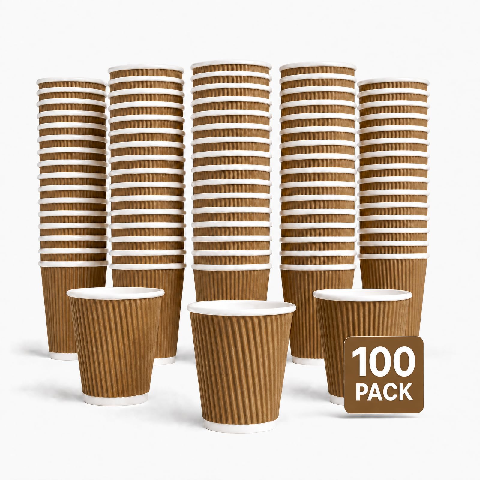 Biotakeware 100 Pack 12 oz Kraft Brown Ripple Wall Paper Cups, Disposable Coffee Cups with Corrugated Grip, Hot Drink Cups for Coffee, Tea, Cocoa, Office, Cafe, Party and Events