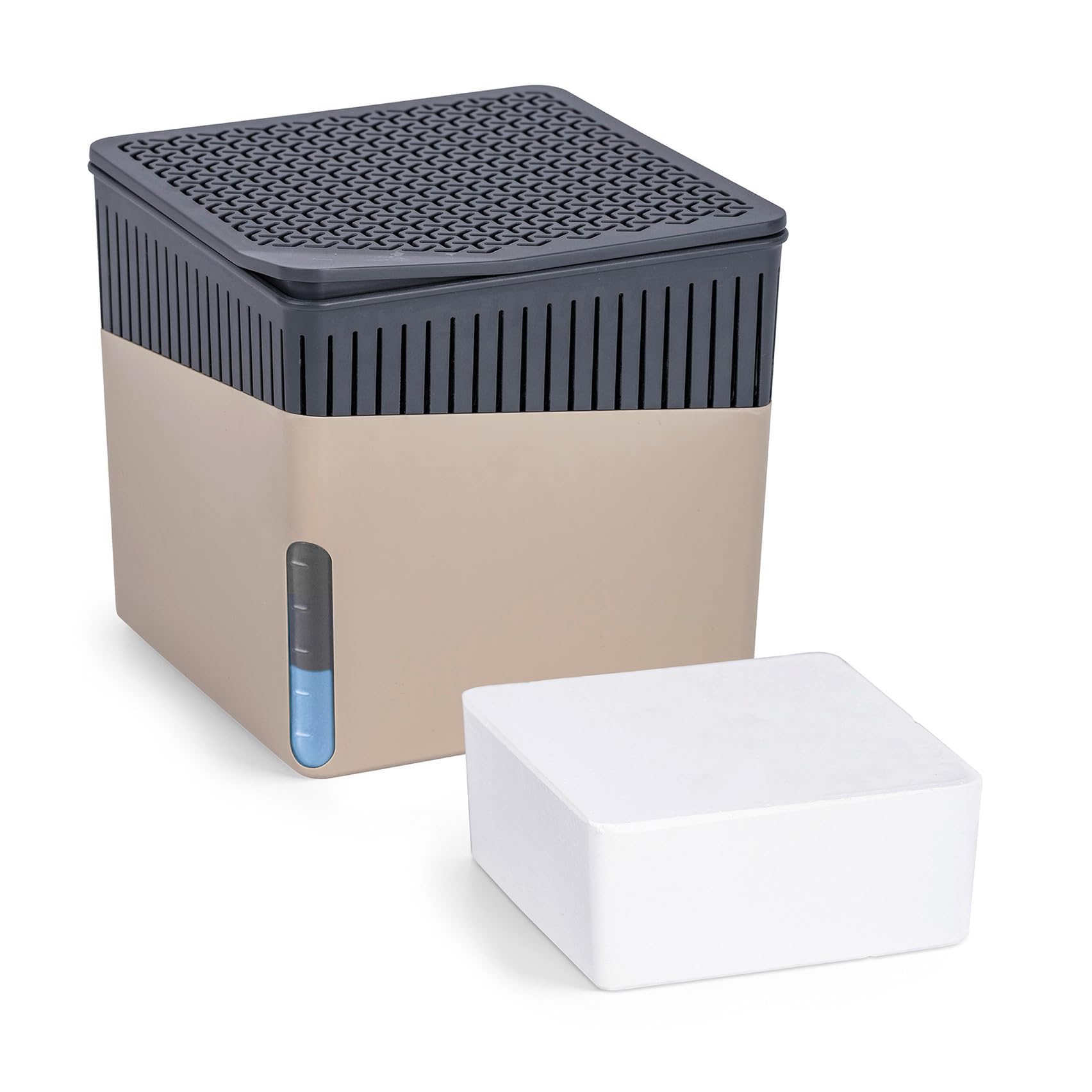 WENKO Raumentfeuchter Mod. Cube, Luftentfeuchter reduziert Schimmel & Gerüche, Auffangschale mit 500 g Granulatblock nachfüllbar, fasst bis zu 800 ml Feuchtigkeit, 13 x 13 x 13 cm, Beige