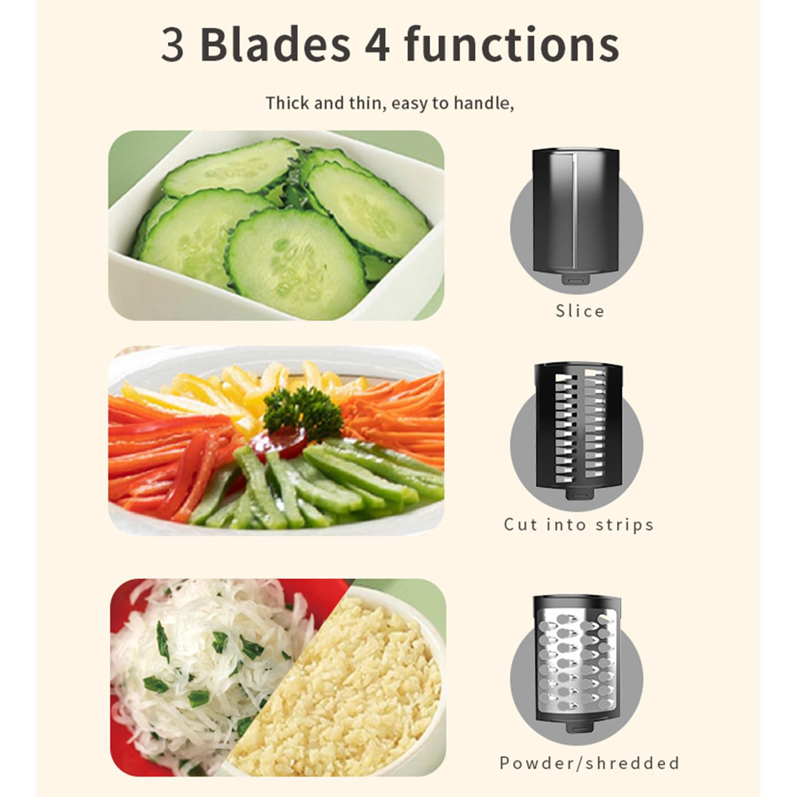 Cortadora de verduras eléctrica, rebanadora y rallador multifuncional con 3 cuchillas, cocina casera adecuada para frutas y verduras