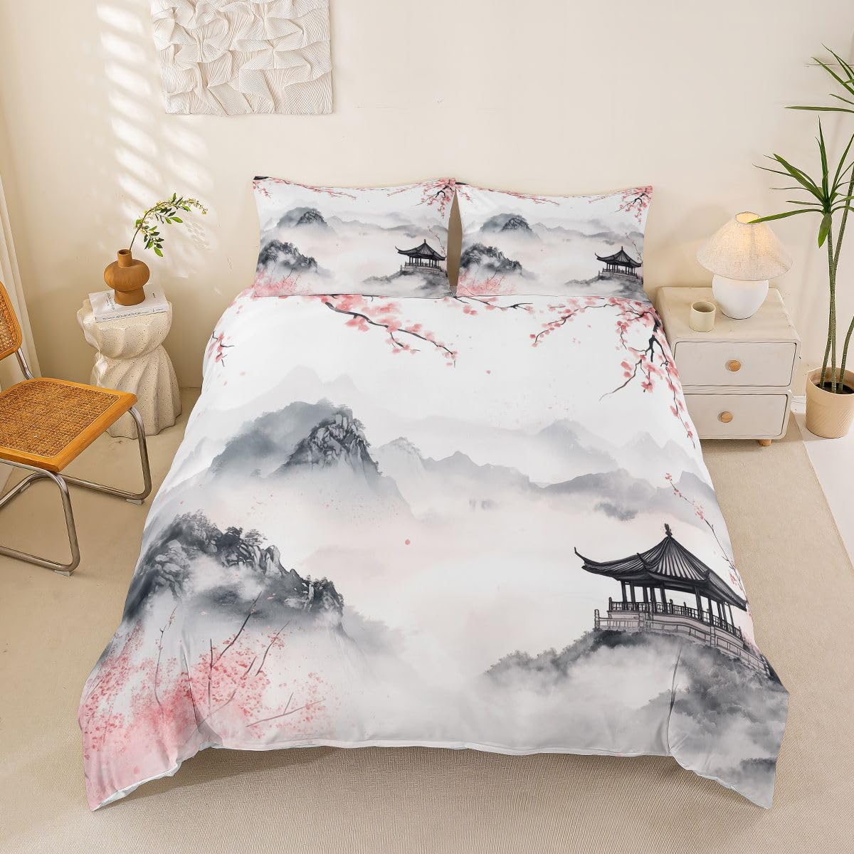 Loussiesd Japanese Ukiyoe Duvet Cover King Size Japan Style Bedding Set for Boys Girls Cherry Blossom Comforter Cover Fuji Mountain Decor Bedroom Decor 3Pcs — image 1