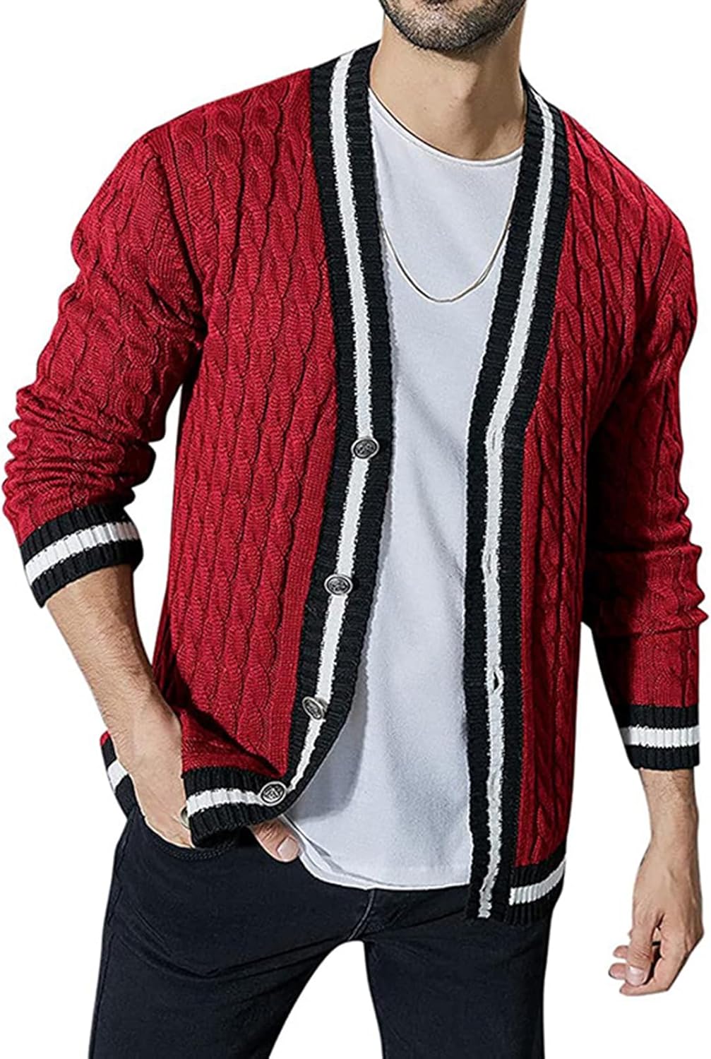 Ymosrh Men's Cable Knit Cardigan Sweater, Long Sleeve V Neck Button Down Fall Winter Thermal Sweaters, M-2XL