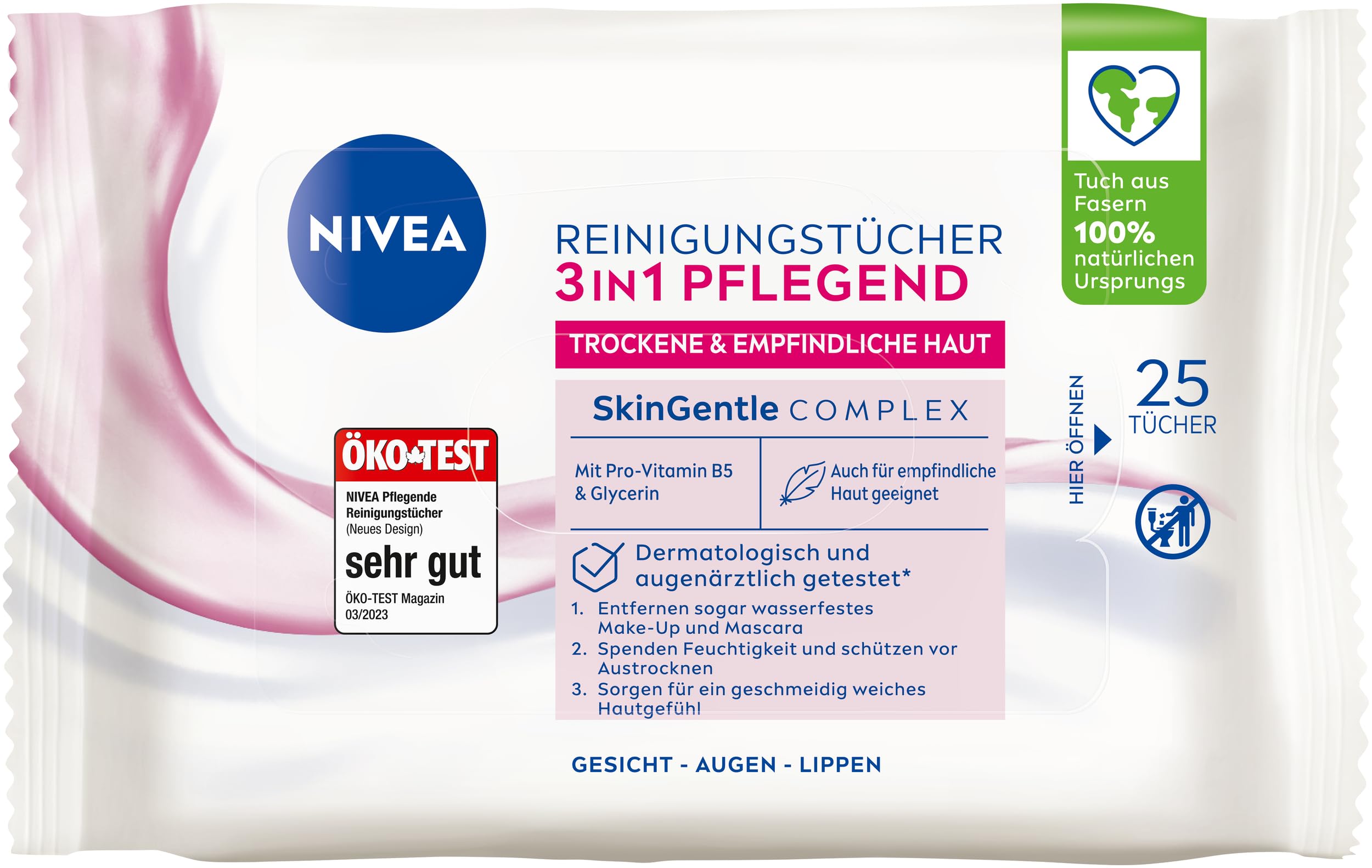 NIVEA 3 w 1 pielęgnujące chusteczki czyszczące, do suchej skóry, 25 chusteczek