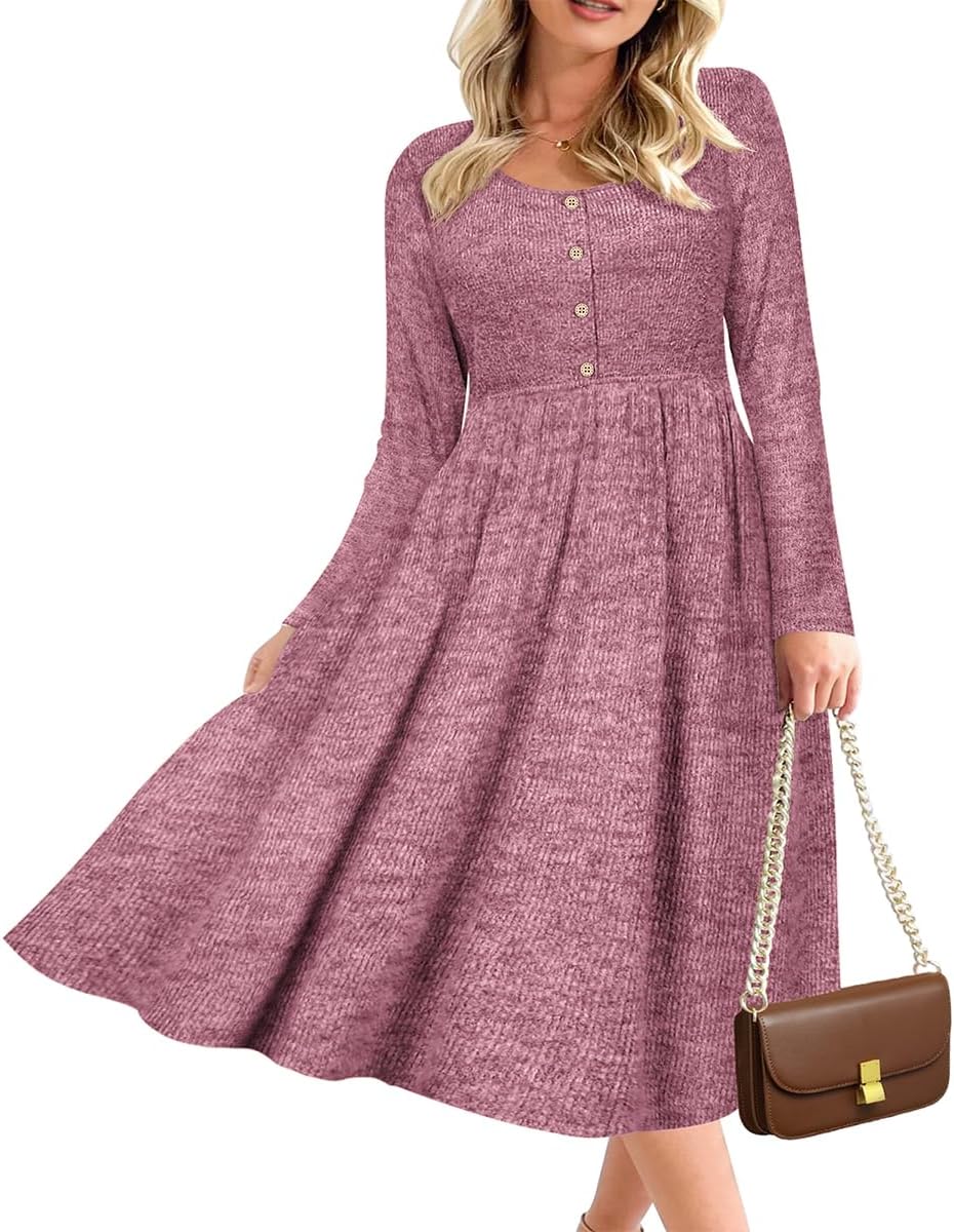 CARCOS Plus Size Sweater Dress Long Sleeve Henley Crew Neck Pullover Casual Fall Winter Knit Midi Dresses with Pocket XL-5XL