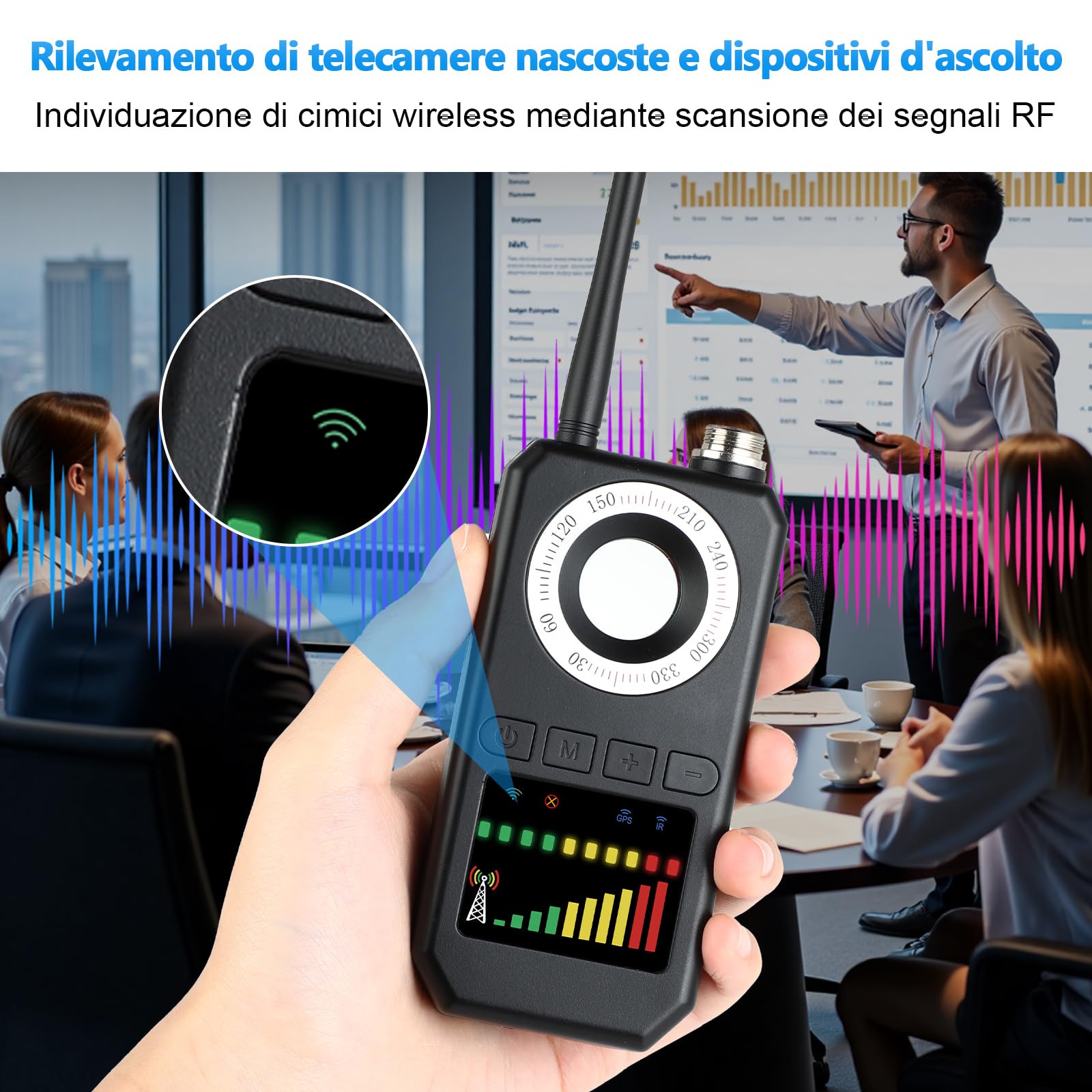 Rilevatore Microspie Senza Fili 6 in 1 - Detecțeur Telecamere Nascoste, GPS, RF e GSM, Rivelatore di Dispositivi di Ascolto, Rilevatore di insetti per Hotel, Ufficio, Casa