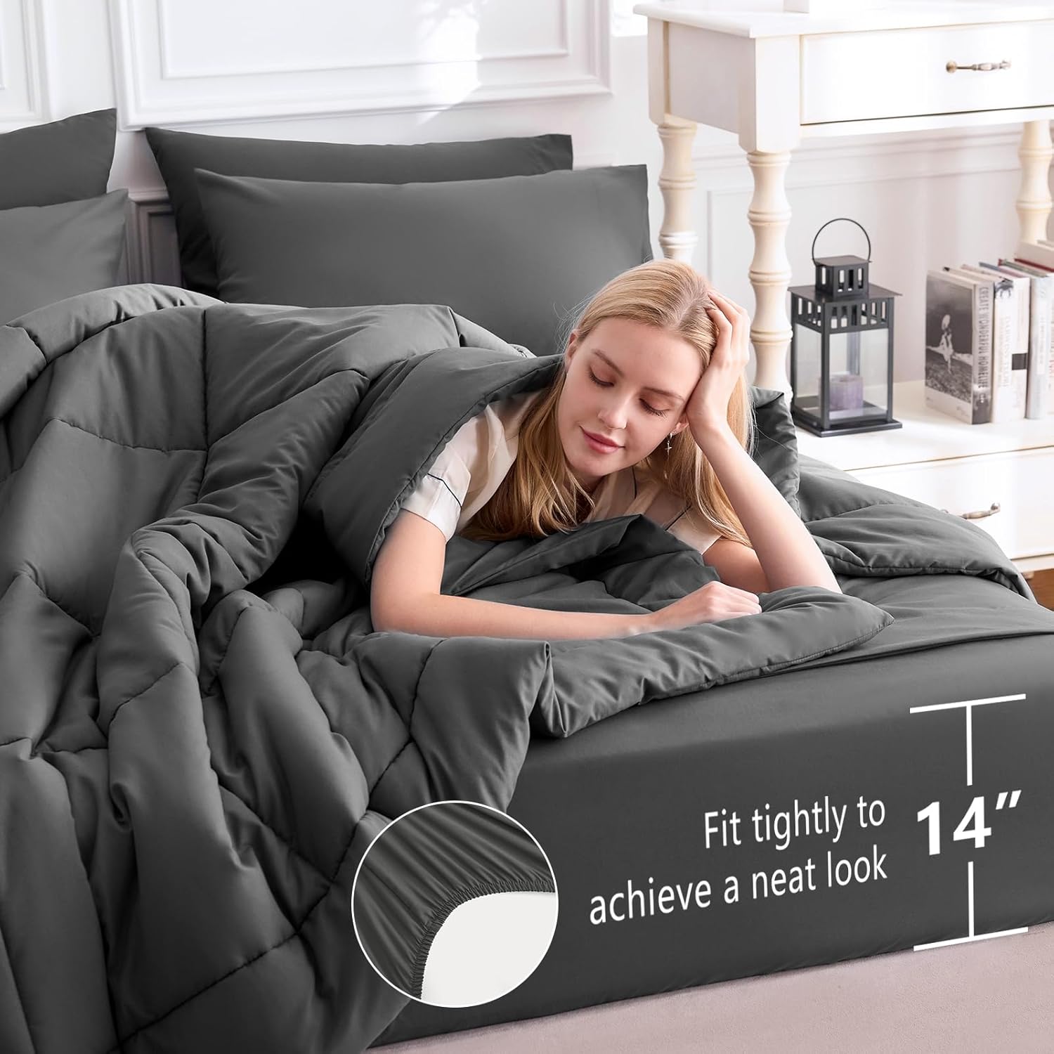 CozyLux California King Comforter Sets Dark Grey, 7 Pieces Cal King Bed in a Bag, All Season Bedding Sets with Stitch Quilted Comforter, Flat Sheet, Fitted Sheet, Pillowcases - Image 5