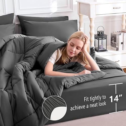 Miniatura 5 de CozyLux Juego de edredón de tamaño matrimonial color gris oscuro, 7 piezas de cama en una bolsa, edredón gris oscuro tamaño matrimonial, juegos de