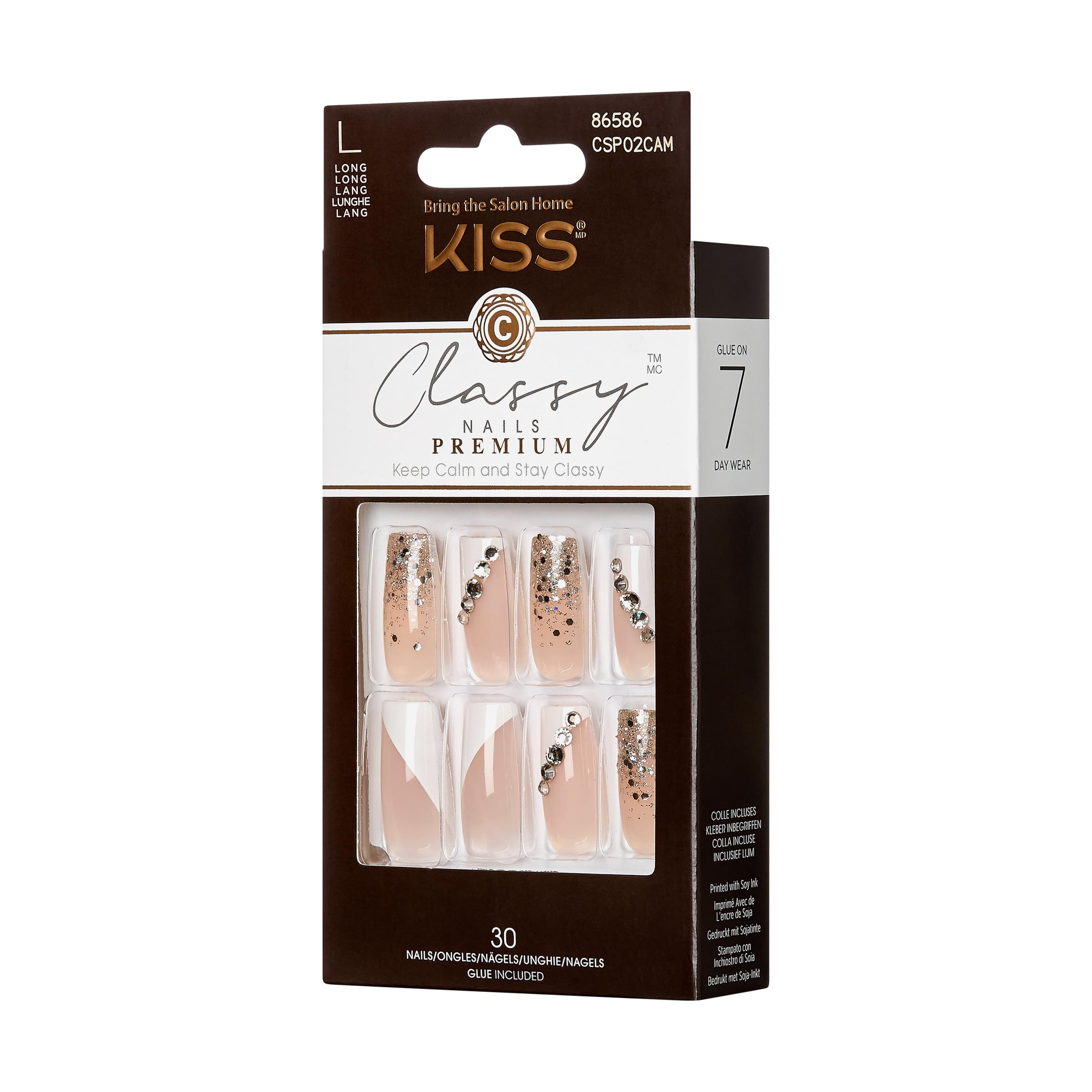 Premium Classy Fake Nails French Manicure Set with Jeweled Rhinestone Nail Art Accents, Gorgeous', 30 Glue-On Nails 1 Count (Pack of 1)