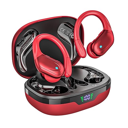 HAOYUYAN Wireless Earbuds, Sports Bluetooth Headphones, 80Hrs Playtime Ear Buds with LED Power Display, Noise Canceling Headset, IPX7 Waterproof Earphones for Workout/Running (Red)