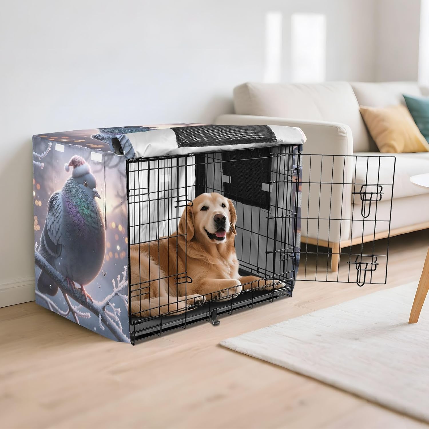 Christmas Pigeon Pet Kennel Cover with Mesh Windows, Washable Water-Resistant Dog Crate Cover, X-Large