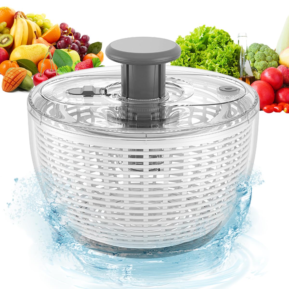 6L Salad Spinner with Bowl, Large Vegetable Fruit Clean Washer Quick Spinner Manual Lettuce Spinner & Dryer, Manual Mixer Veggies Quick Dryer with Food Draining Basket Lid, Salad Making Bowl Colander