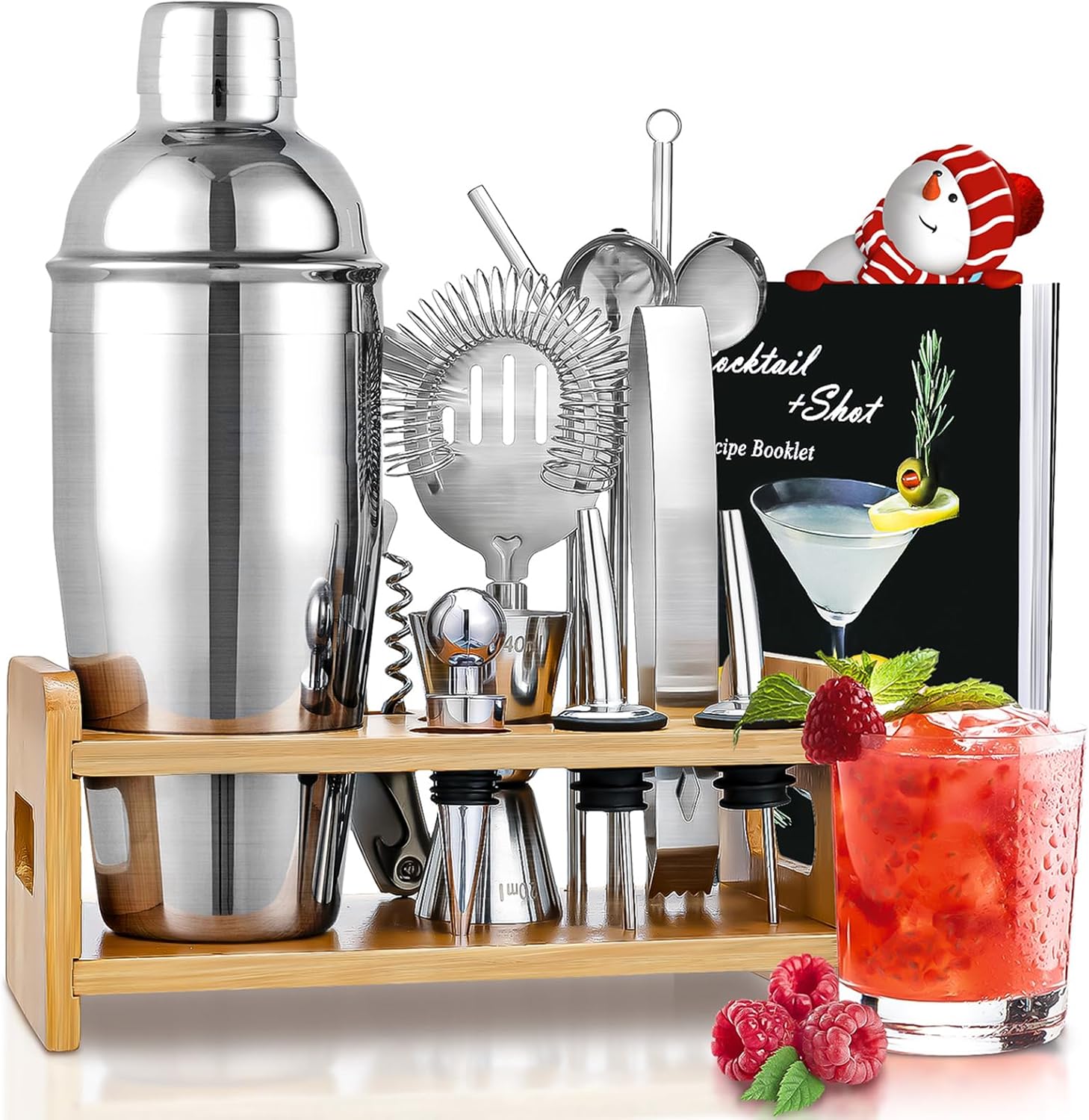 Cocktail Shaker Set Bartender Kit, Godmorn 15Pcs Bartender Shaker Set, 304 Stainless Steel Martini Shaker and Strainer, Bar Tool Set with Bamboo Stand, Recipe Book, for Home and Bar Party