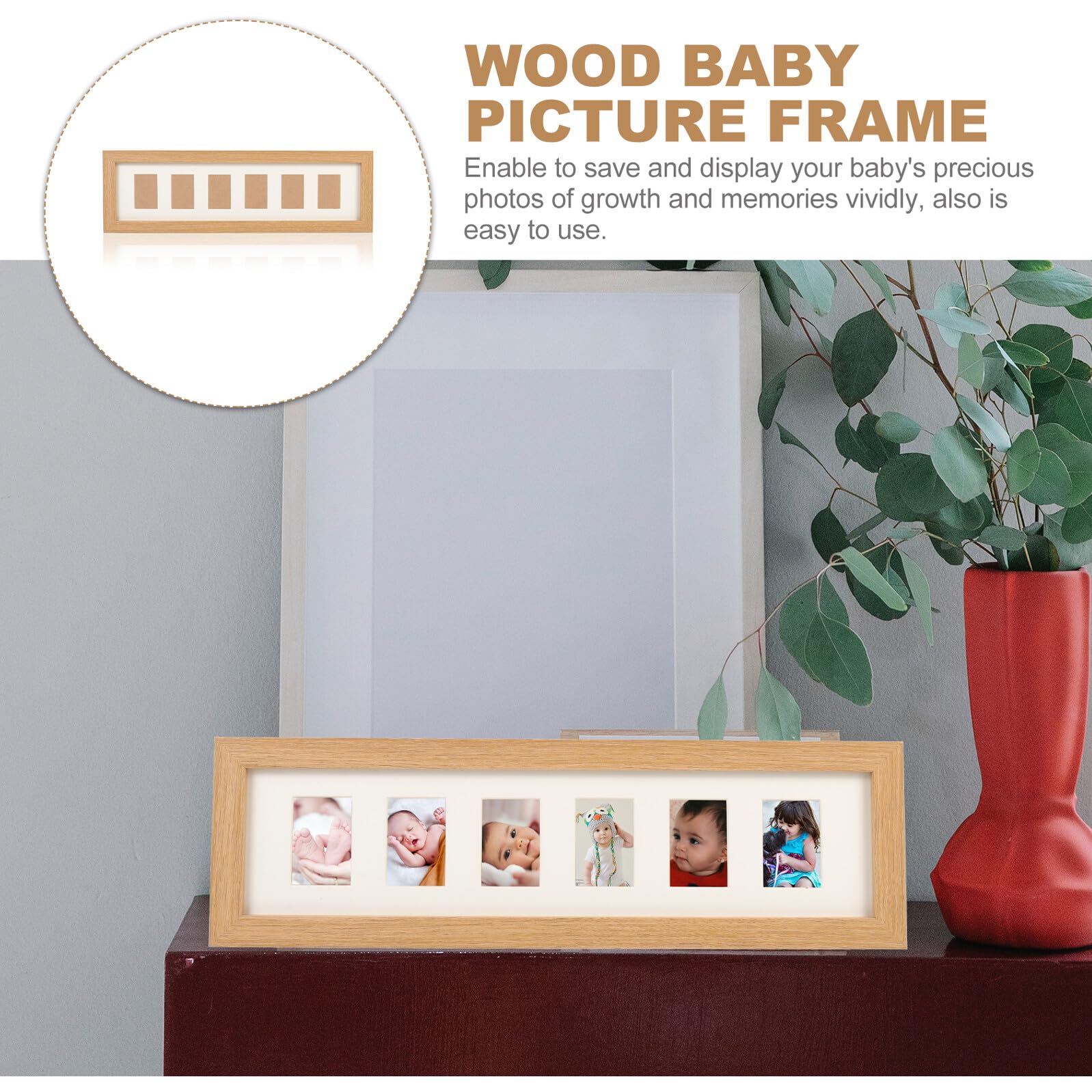 TOYANDONA Marco de Fotos de Madera para Bebés 6 Agujeros, Soporte de Escritorio para Recuerdo de Primer Año, Portafotos Infantil para Recién Nacidos y Decoración de Habitación