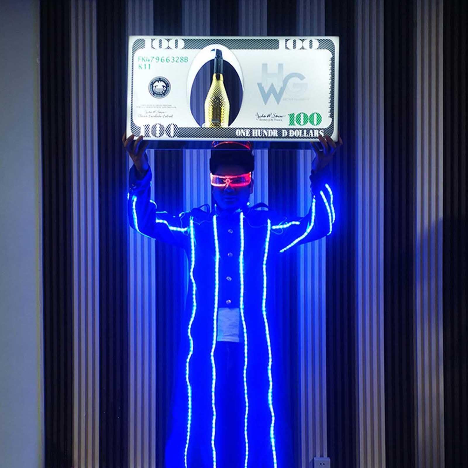 Display LED ricaricabile per bottiglie di champagne con barra luminosa e aspetto da 100 banconote, ideale per discoteca, villa e segnaletica VIP per feste private