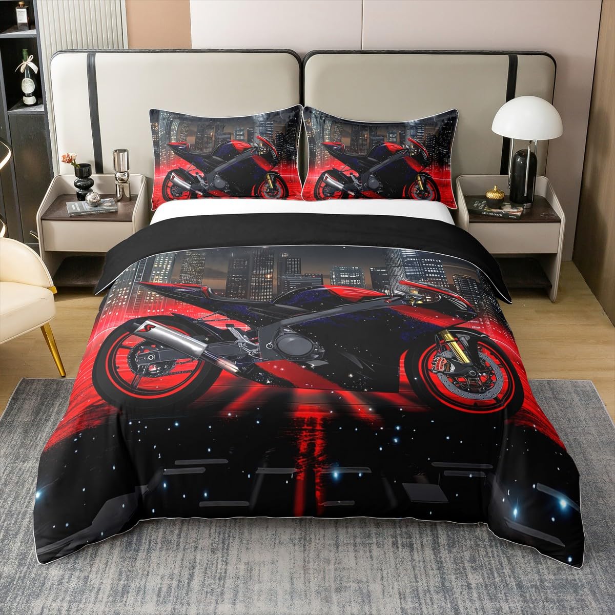 Homewish 3D Motorcycle 100% Cotton Duvet Cover Double, Dirt Bike Motocross Comforter Cover For Bed, Vehicles Riding Soft Bedding Set For Kids Boys Girls, Red Black Buildings Rider Quilt Cover