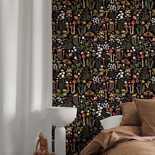 Miniatura 5 de Papel tapiz bohemio negro para despegar y pegar, papel de contacto floral de hongos, caracoles, mariposas, papel tapiz extraíble, de vinilo