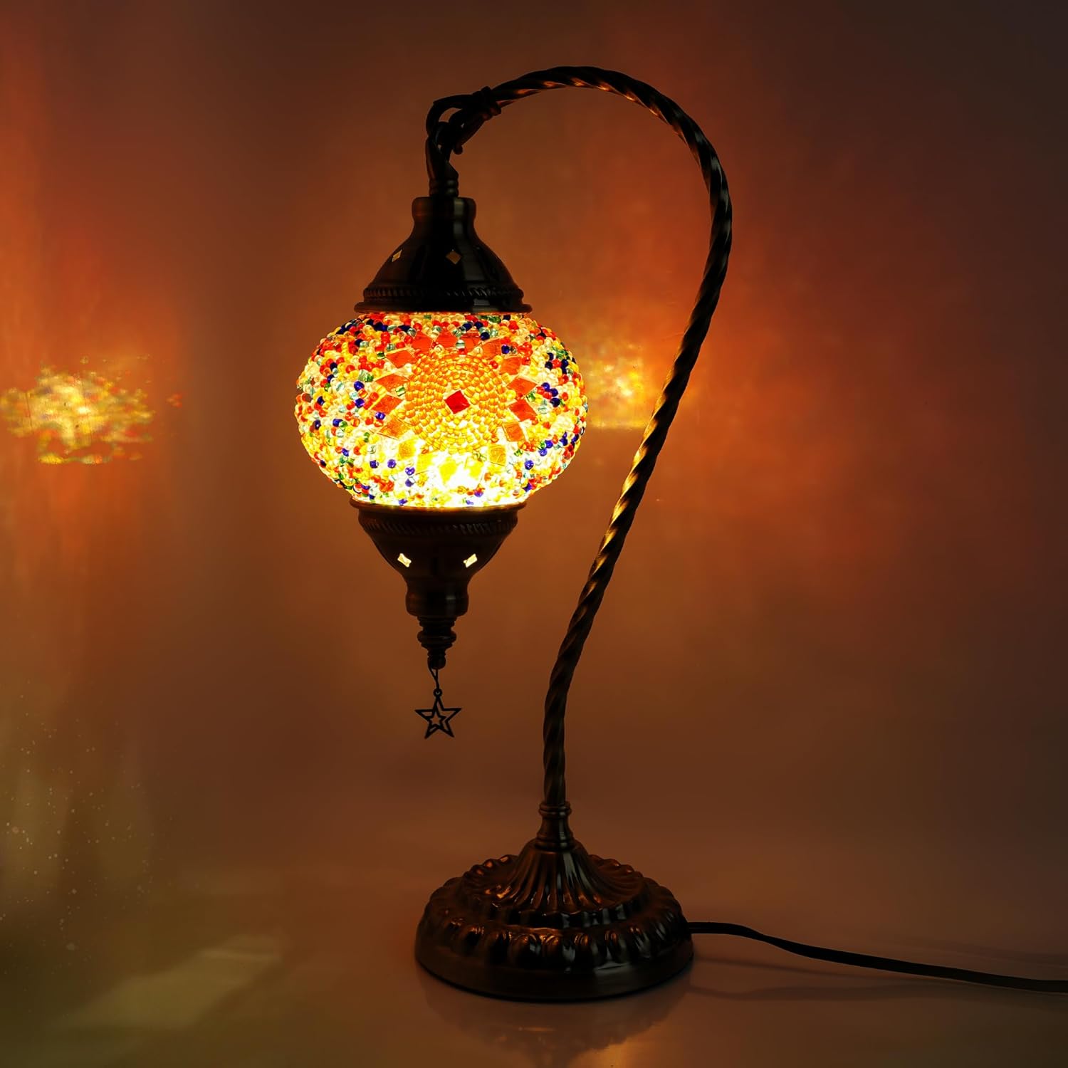 Turkish Moroccan Lamp with 3 Color Options - Handmade Tiffany Mosaic Glass Bedside Lamp with Bronze Base, Swan-Neck Nightstand Light for Bedroom (LED Bulb Included) (Orange)