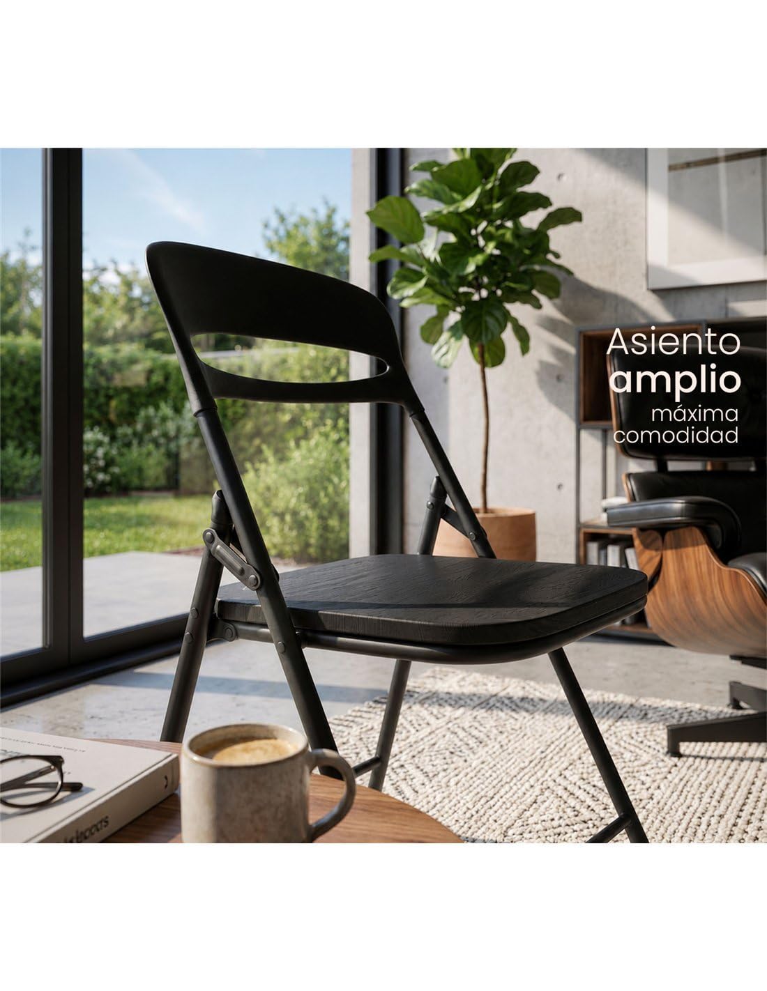Jardin202 - Silla Plegable Florencia Negra | Asiento Negro/Blanco/Madera | Estilo Italiano | Estructura de Metalica | Hogar, Oficina | 1 Unidad (Asiento Negro)