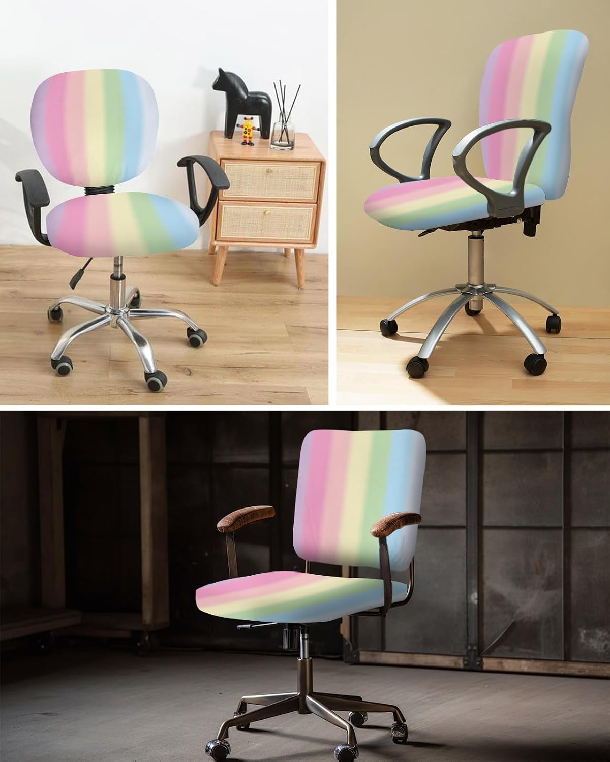 Chucoco Candy Rainbow Stripes Office Chair Covers 2 Piece Set, Ombre Art Color Gradient Stretch Elastic Computer Desk Chair Back Cover&Protective Stretchable Rotating Cushion Slipcover image 4