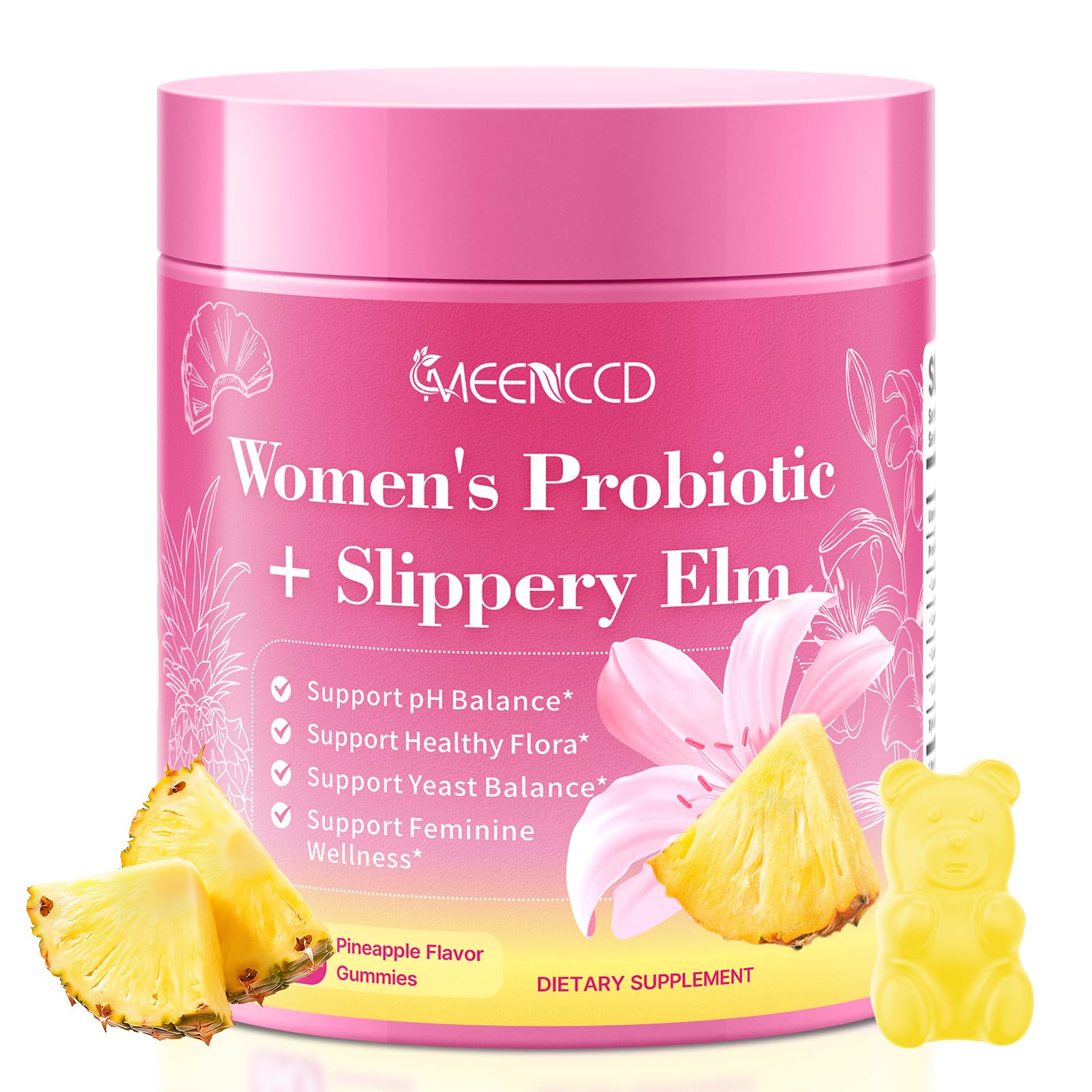 MEENCCD Her Juicy Feminine Probiotics Gummies with Slippery Elm & Lactobacillus Blend, Supports pH Balance & Immune Function, Promotes Vaginal Wellness, Pineapple Flavor, 60 Count
