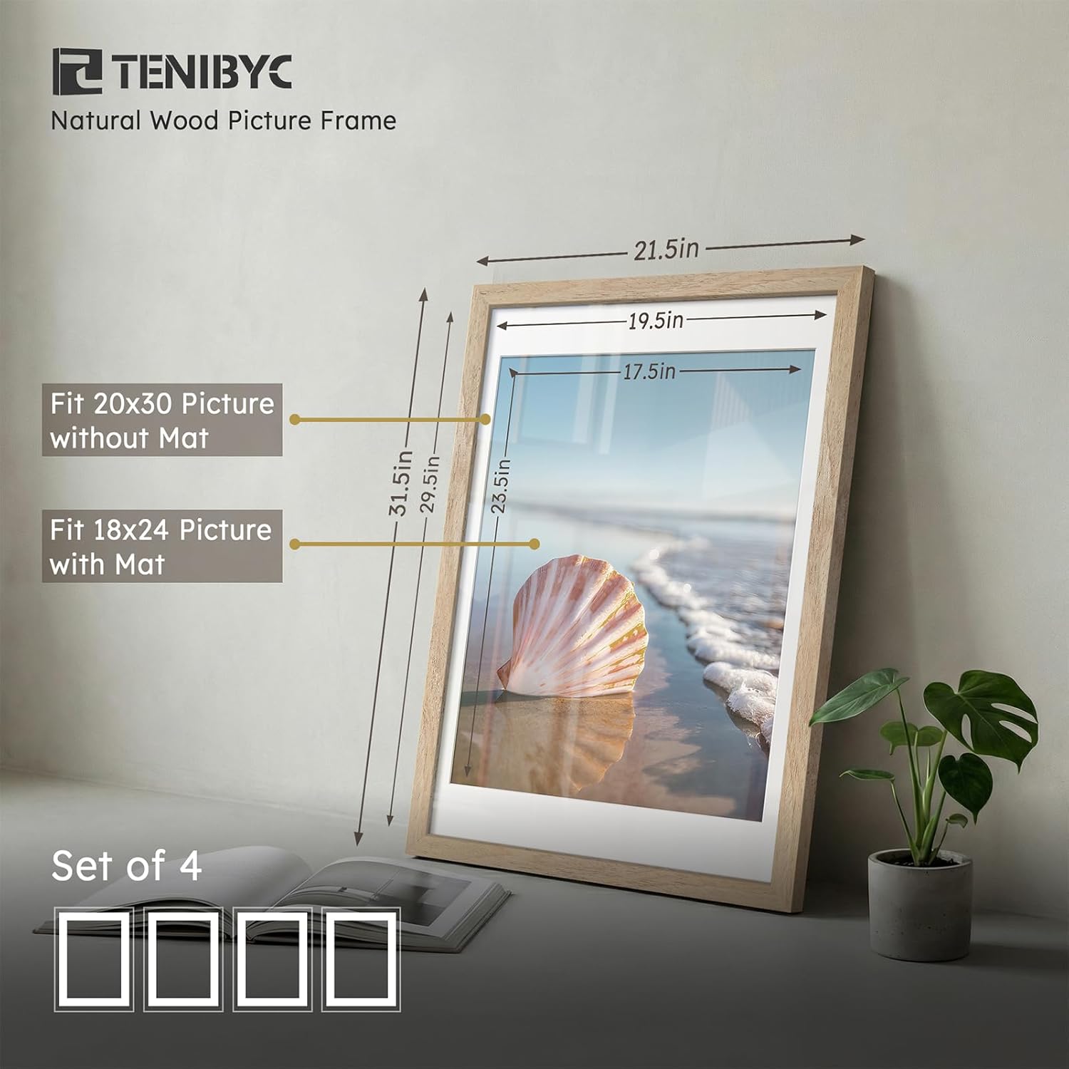 20x30 Picture Frame Set - 4 Pack, Natural Solid Wood Photo Frames - Displays Photos 18x24 with Mat or 20 x 30 without - Room, Office, Gallery, Studio, and Hallway Decor - Wall Hanging