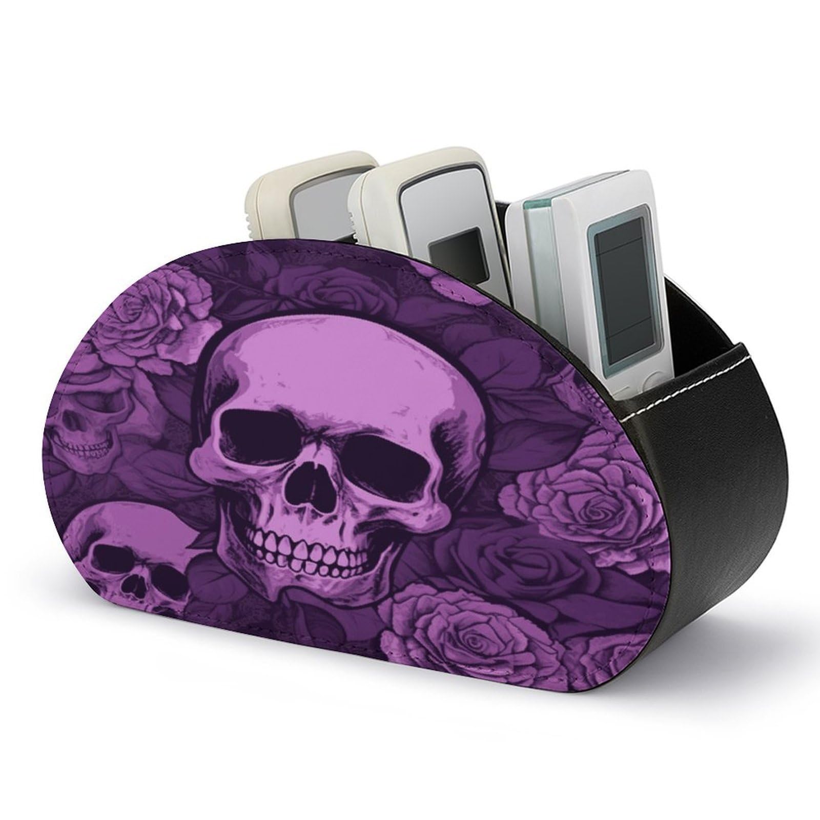 FekiLoot Purple Skulls And Roses Remote Control Holder with 5 Compartments Multi-functional TV Remote Caddy Organizer Leather TV Remote Holder Desktop Organizer Store for Bedside Table Office Desk