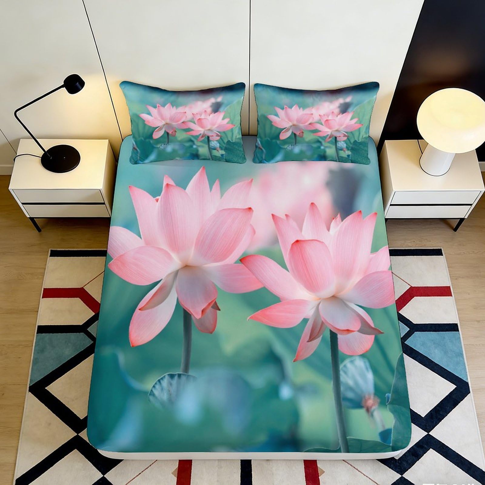 3D Printed Lotus Microfiber Fitted Sheet Deep Pocket Non-Slip for Adults Bedroom 3D Lotus Mattress Fitted Cover Washable 200x200x25cm 90x200x25cm