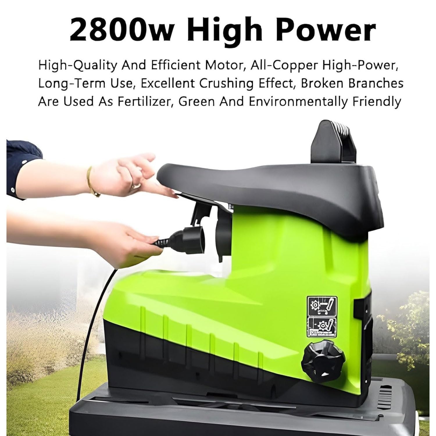 Elektryczna niszczarka ogrodowa, 2800 W, wytrzymały rozdrabniacz do drewna, rozdrabniacz do liści i rozdrabniacz gałęzi, maksymalna średnica cięcia 4,5 cm, duże koła dla łatwej mobilności