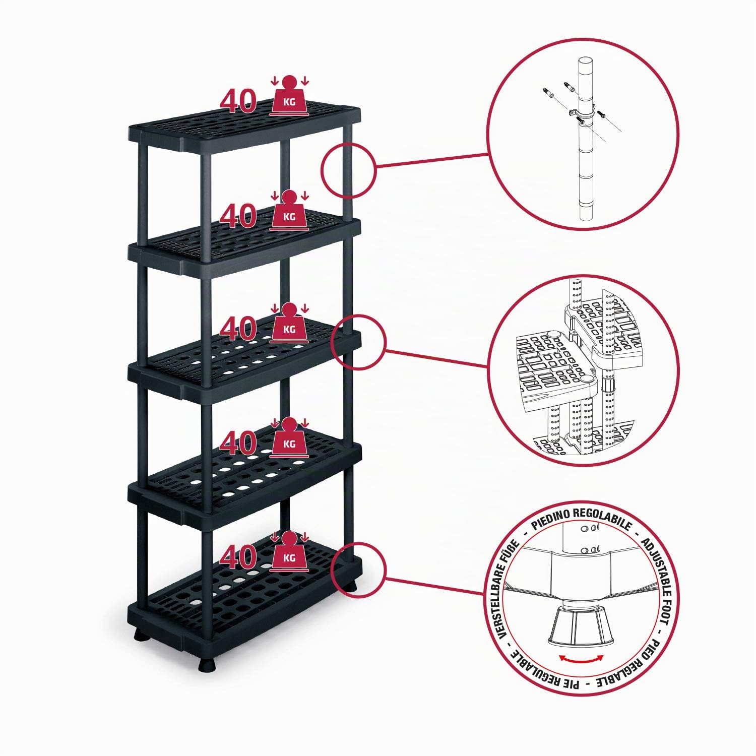 Terry, Scaffale 8040-5, Scaffale Modulare con 5 Ripiani, da Interno Esterno. Materiale: Plastica, Dimensioni: 79x39x176 cm