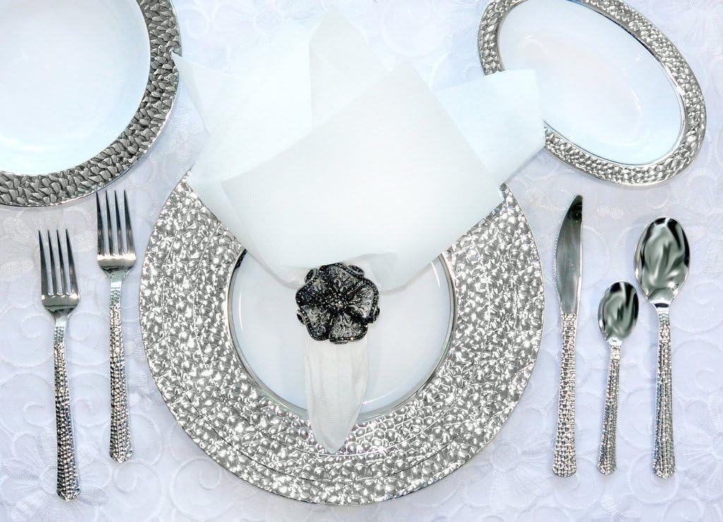 Hammered Collection Plastic Plates, Disposable Wedding Dinnerware, Set of 40 (Total) Elegant Hammered Designed Plates, White/Silver, (20) 10.25" and (20) 7" Plates