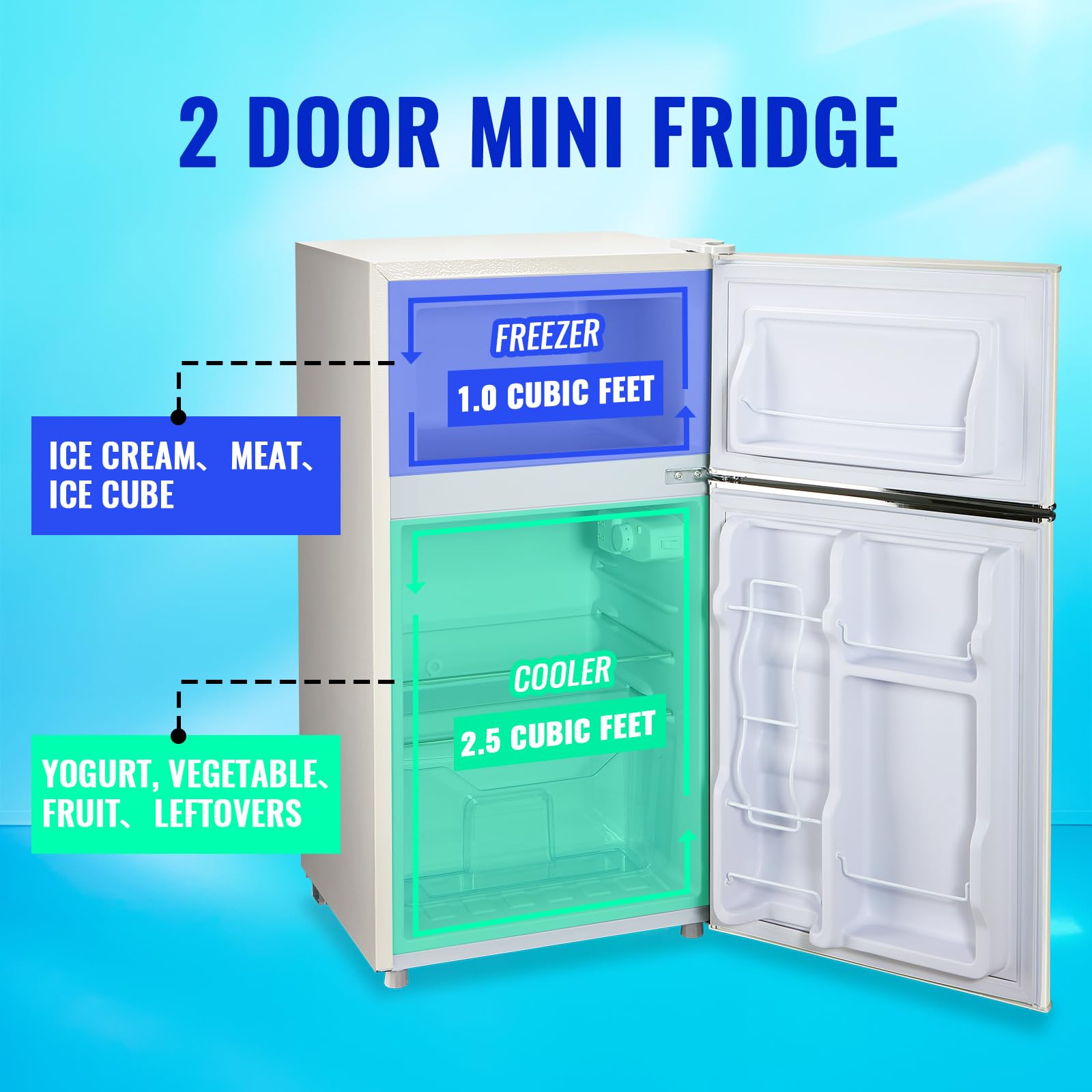 Tacool Mini Refrigerator With Freezer Small Fridge Double Door Side Drink Holder Adjustable Glass Shelves, Plastic Crisper, 7 Level Temperature Control For Bedroom, Office, Apartment White on Fridge.com - View 2