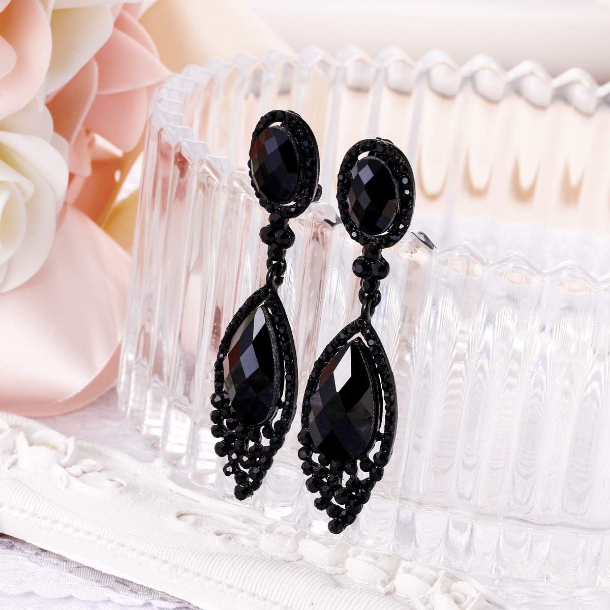 BriLove Women's Wedding Bridal Infinity Figure 8 Crystal Teardrop Chandelier Dangle Clip-On Earrings - Image 3