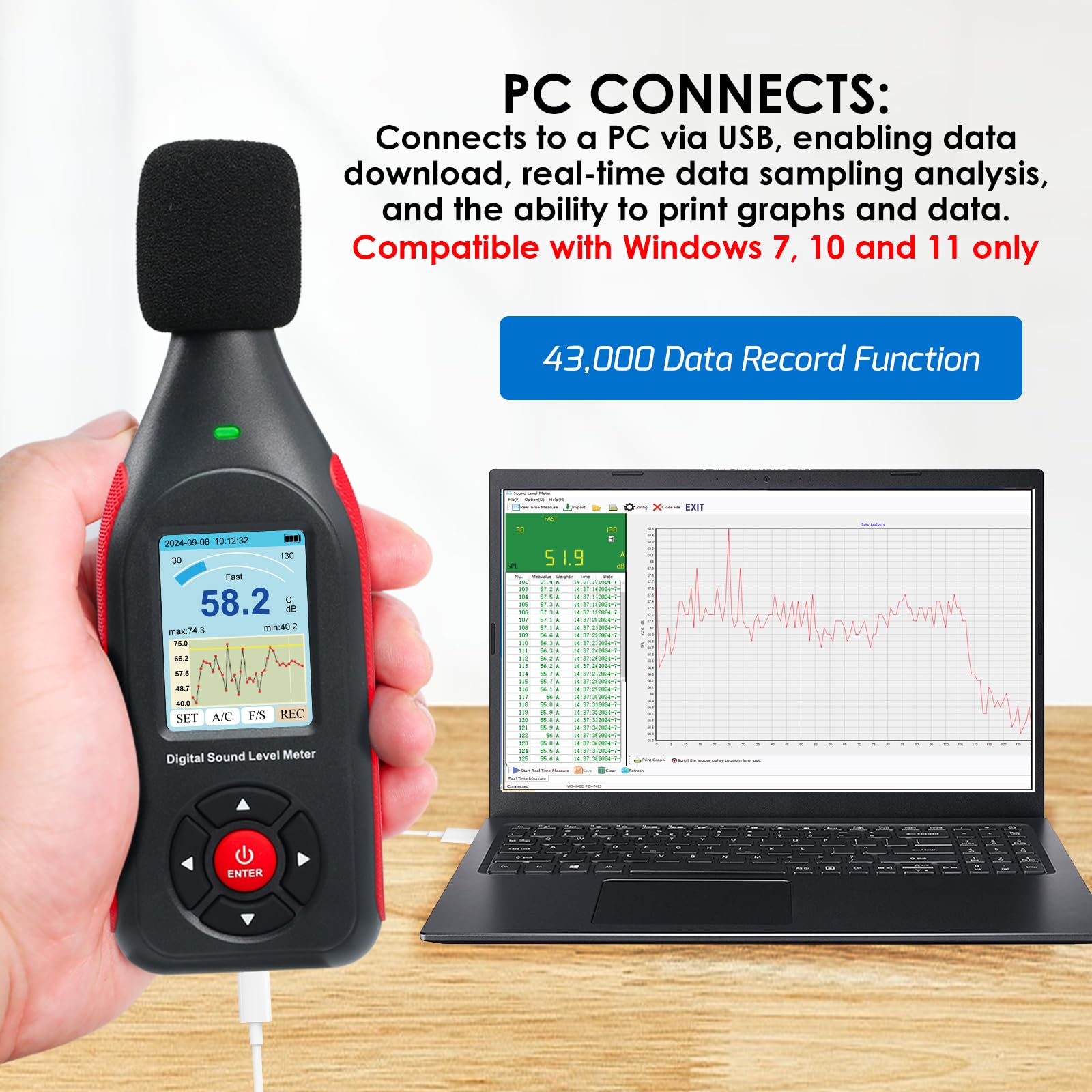 Medidor de decibelios, registrador de datos, decibelios de sonido digital, medidor de nivel de ruido con 43.000 conjuntos de datos y exportación, sonómetro recargable con frecuencia A/C y salida CC